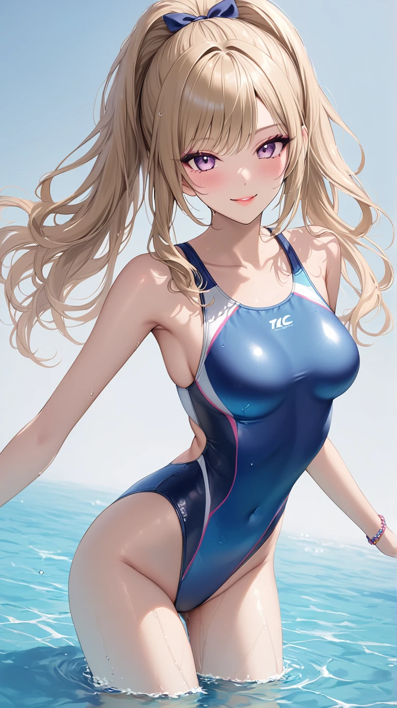 1 fille, high quality, Fine details, Longhaire, brown-hair, tetas grandes, closed mouth, blue eye, in an ultra realistic swimsuit