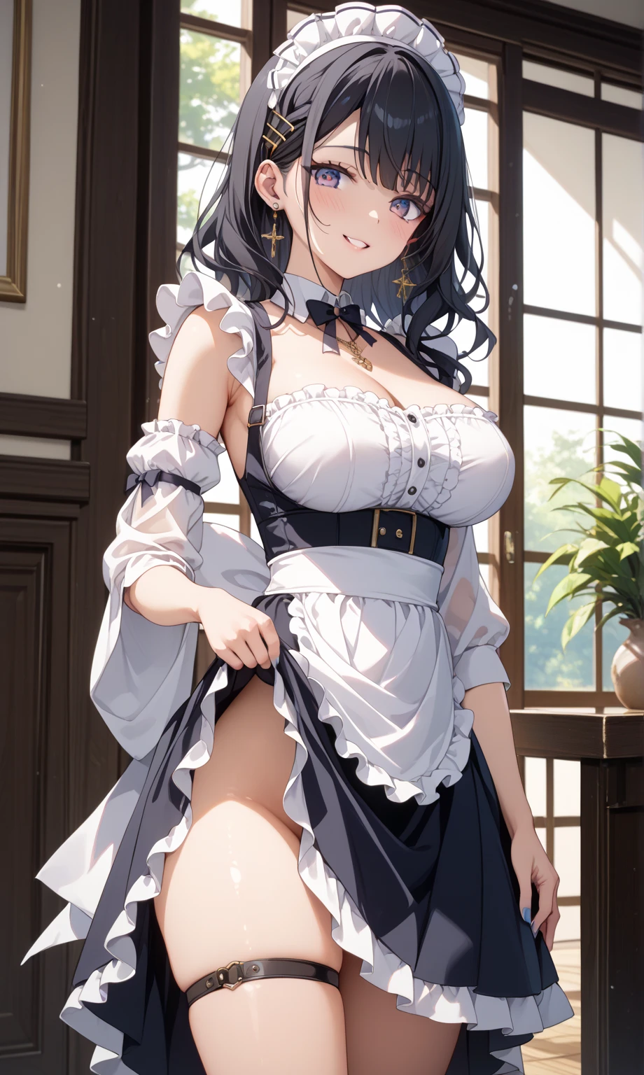 nozomitoujou, nozomi toujou, green eyes, brown hair, short curly hair, breasts, masterpiece, best quality, high resolution, beautiful detailed eyes, extremely detailed face, good lighting, detailed CG, messy hair, glossy lips, light smile, corset, fishnets, thigh boots