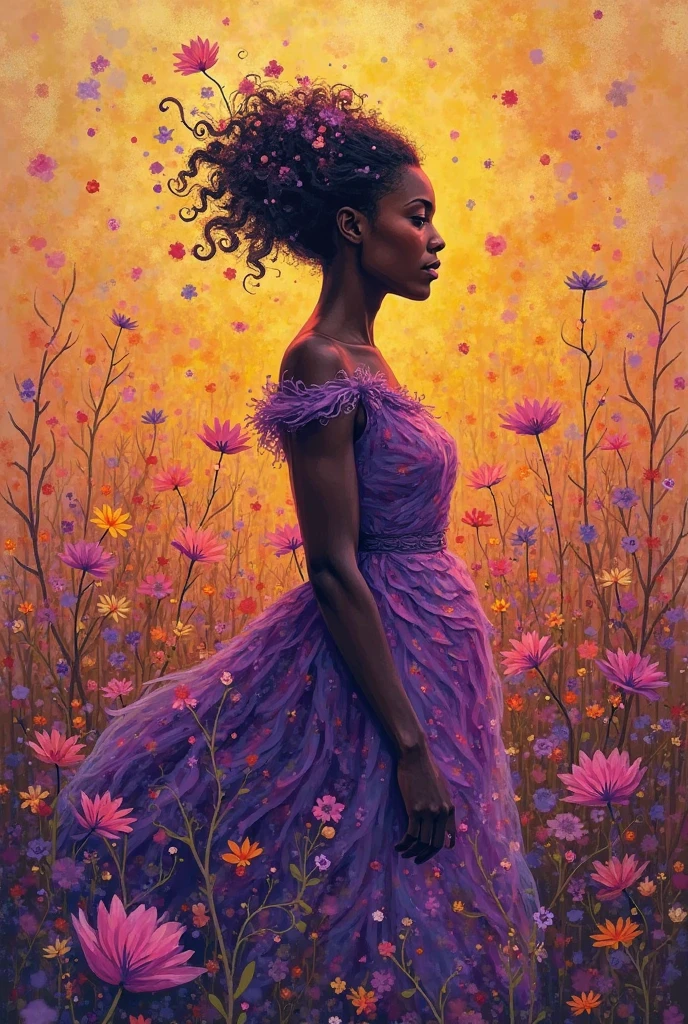 country road,Roadside wildflowers,weeds,sunrise,brilliant colorful, full body shot, fantasy, field full of purple butterflies, a stocky, beautiful, dwarf, curvy, plump, mature, 40 year old black woman, looking straight at the camera, twinkle in her eyes, fully dressed, smiling, full of joy, full body , purple dress, walking in a colorful flower field, surrounded by lots of purple butterflies, flying around her, giant purple butterflies flying over a colorful field of flowers, detailed eyes, detailed lips, long eyelashes, highly detailed, 8k, photorealistic, masterpiece, vibrant colors, dramatic lighting, fantasy, surreal, magical realism, clouds in the background