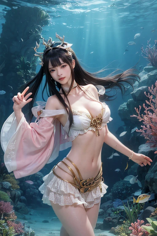 (intense chest expression）,highest quality、masterpiece、Super high resolution、（ゴールドdragon armor）、(((big breasts))),dragon armor、(((large floral ornament on the head))),(((Micro bikini with attention to detail))),(wears a beautiful crown made of precious stones),(Photoreal:1.4)、RAW photo、1 girl、(((random hair))、(((take various poses)))、glowing skin、(((White Chinese Dragon)))、intricate and gorgeous hair ornaments、（Looks like a gorgeous jewelry necklace）、（whole body angle）、（fight big dragonet bikini）、((beautiful lake background)),(beautiful forest background)、sheer cliff、(castle background)、((Super realistic details))、Portrait、global illumination、（sexy pose）、Shadow、octane rendering、8K、super sharp、big breasts、Raw skin exposed in the cleavage、Metal、intricate decorative details、Japan details、very intricate details、blue eyes、Eyes shining towards the camera、two stock、（whole body angle）、（veil）、(((heavy big))),((she is wearing a beautiful jeweled bangle.)),