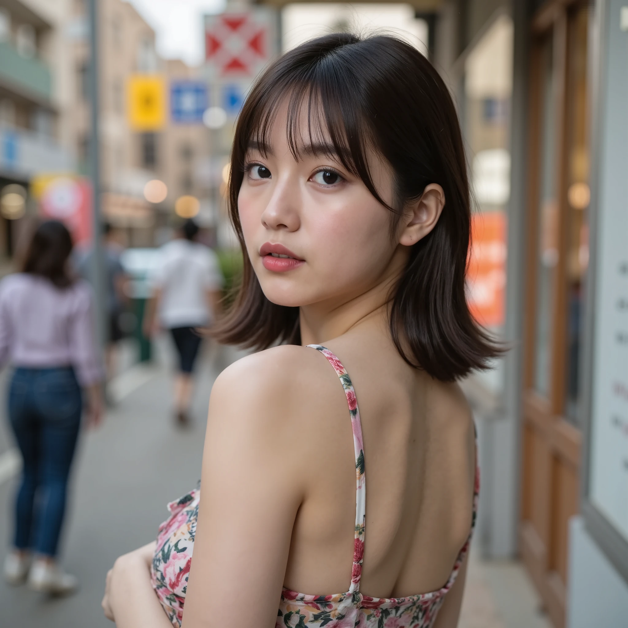 (Highest Quality, highest resolution, Masterpiece:1.10), (HIGHLY DETAILED HYPERREALISTIC RAW PHOTO:1.10), ((cute and very beautiful realistic street corner portrait of a famous Japanese idol:1.10))), (perfect human ), cinematic lighting, ( focus on people ), (highly detailed and ultra-realistic textured detail:1.3), ((full body shot on panties:1.5)), (See viewers:1.10), BREAK,
Midsummer daytime street snap, camisole dress,