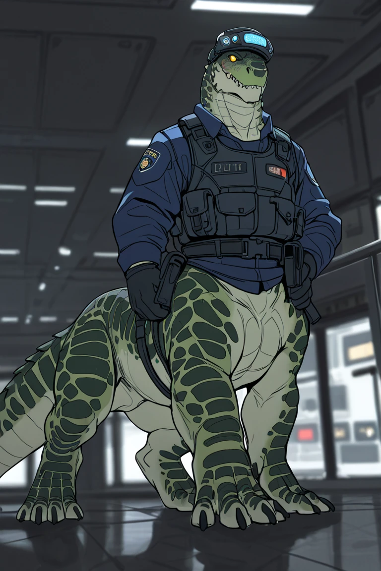 Dark green body with thin yellow stripes, pale brown belly, scales, alligator, muscular, , by bebebebebe, yellow eyes, alleyway, blue military spacesuit