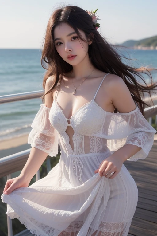(Absurd: 1.5), One Girl, (Beautiful Japanese Idol Photos), (RAW Photos, Highest quality), (Photorealistic:1.4), masterpiece, 8K Portrait, Very delicate and beautiful, "Having long, flowing hair、Very beautiful Japanese women。She is wearing a stylish evening dress、She has striking bluish-black eyes and a bright smile.、Has an elegant posture。The background is the sparkling seaside and sandy beach.。The image style is realistic.、Adds a touch of glamour.