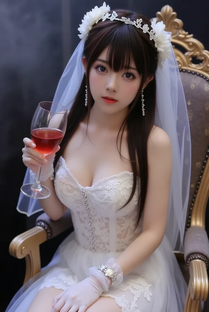 Female((20yr old)), hair((long wavy hair, Beautiful Blonde Girl)), Missing Eye, Smart Eyes)), Clothes((wedding dress)), Accessories ((tiarra, veils, bouquet, Necklace, White Gloves)), Smile, Colossal tits, huge-breasted, oppai, plein air, flower petals, Happy Facial,