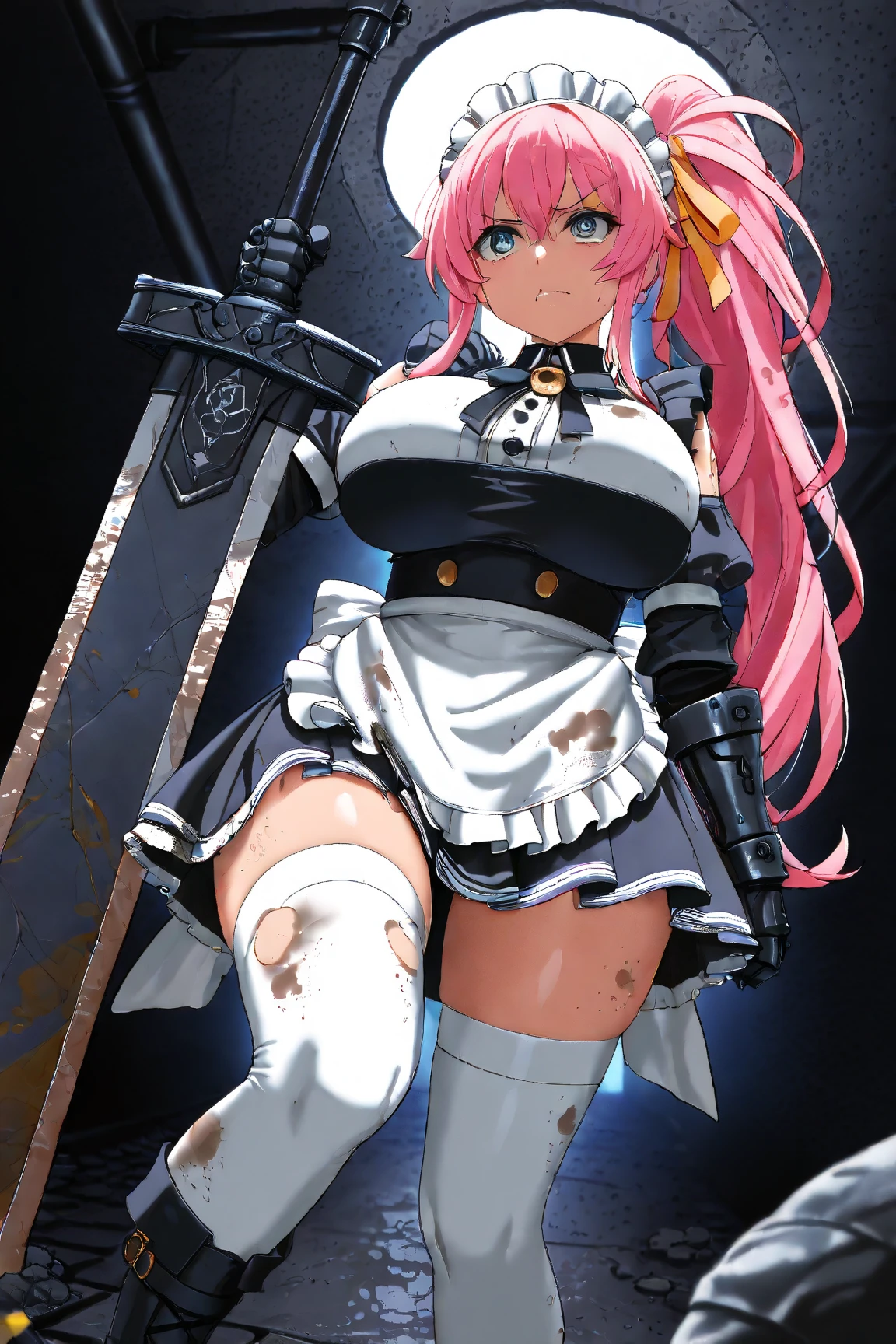 ((best qualityer)), ((work of art)), (detailded), 1 girl, ombro to ombro sweater, long light pink hair,light blue eyes, ((big boobies)), psycho smile, holding an axe,((stained with blood)), ((Face covered in blood)),roupa stained with blood 