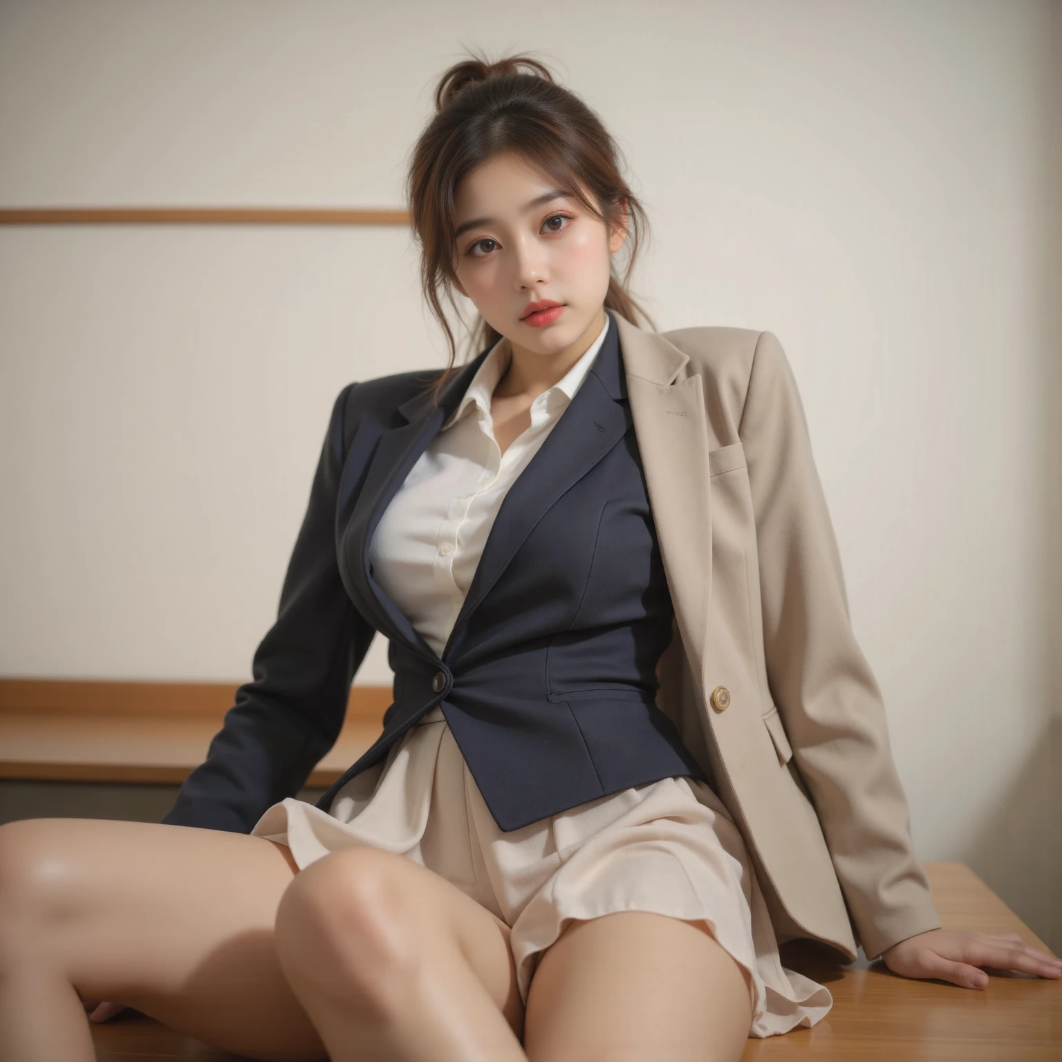  (photo Realistic:1.4), (hyper Realistic:1.4), (Realistic:1.3), (Smoother lighting:1.05), (Improving the lighting quality of movies:0.9), 32k, One girl,20 year old girl, Realistic lighting, Backlight, Perfect body、Beautiful proportions、Light on the face, Ray-tracing, (Bright light:1.2), (Improvement of quality:1.4), (Highest quality real texture skins:1.4), Detailed drawn eyes, Detailed painted face, Quality Eyes, (Tired, sleepy and satisfied:0.0), (Enhance the mood of your body line:1.1), (Enhances the beauty of skin texture:1.1)、Lip gloss、(((Squat down and spread your legs)))、uniform