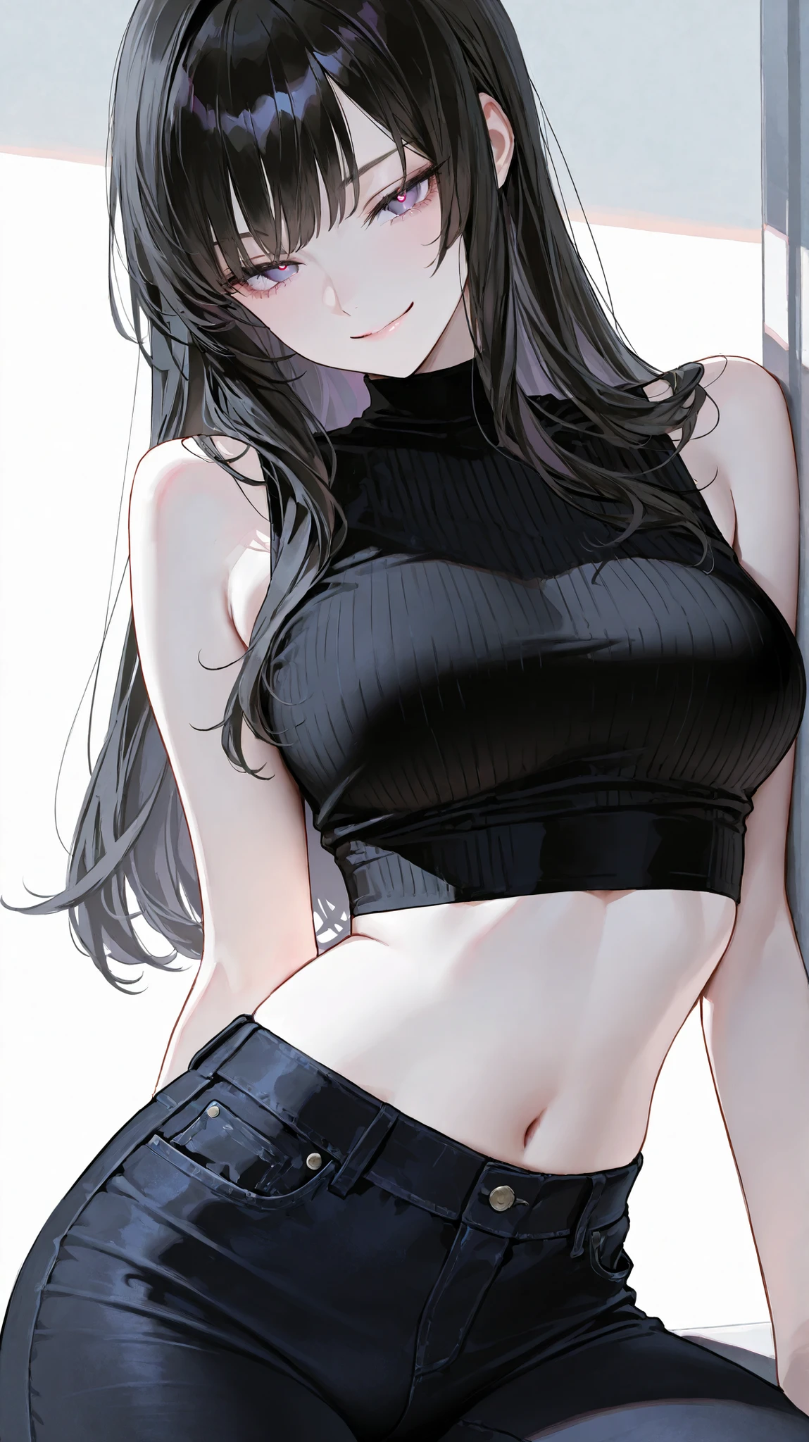 1 girl, muscular, black hair, red eyes, white skin, solo, goth, shoulder length hair, curvy, very wide hips, large ass, narrow waist, thick thighs, very huge breasts, black choker, black tank top, black jean booty shorts, sultry smile, navel piercing, midriff six-pack abs, visible cleavage
