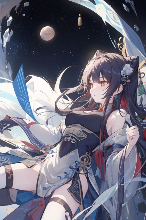 （（4K，tmasterpiece，best qualtiy）），Exquisite facial features，Nice face，cleavage，Leaking out of the chest，Raised sexy，seductiv，Maple leaves fall，starlight embellishment，Golden hairpin，Gold jewelry，one-girl， Ancient Chinese clothing， A whole body， rays of sunshine， Clear face， Clean white background， tmasterpiece， super detailing， Epic composition， hyper HD， high qulity， extremely detaile， offcial art， Uniform 8K wallpaper， super detailing， water ink， Chinese traditional painting， Hanfu， Black hair，Exposed flesh，Bare legged， 独奏， Ancient Chinese clothing，National style background，brunette color hair， ssmile，