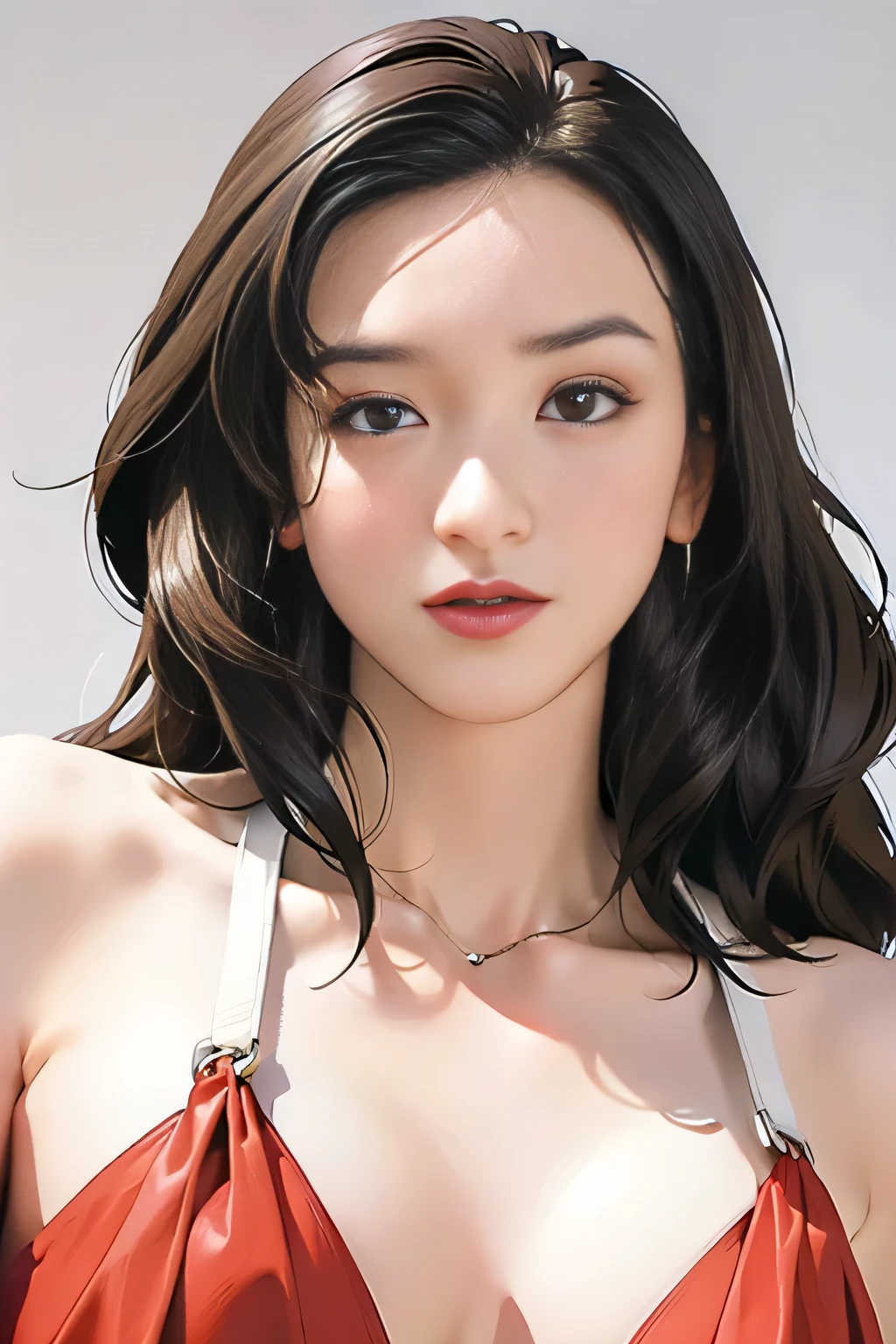 Gentle and charming Chinese beautiful woman, upper body photo, exquisite and sexy collarbone, charming oval face, double eyelids, smart peach blossom eyes, pink lips, small nose, bare shoulders, focused face, face close-up, ultra-high-definition, Super detailed, elegant standing, warm chiffon dress, matched with a denim vest, handsome yet sweet, very beautiful.