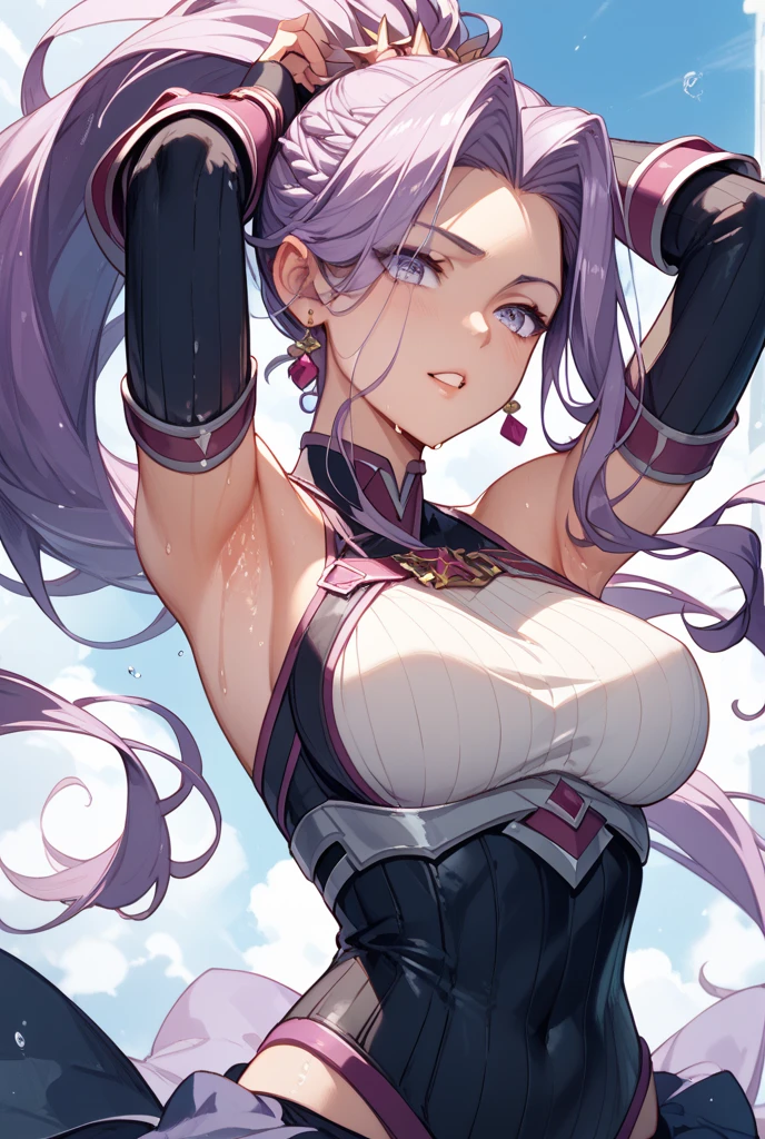 Face close-up、1 Girl, Blunt bangs, Wide sleeves, hair ornaments,Swimwear、(Purple Hair:1.2), Very long hair, Straight hair, Looking at the audience, Highly detailed background, (Realistic:1.2), Beautiful Eyes, Red eyeshadow, Written boundary depth，thigh, (Urzan-6500:0.7), Upper Body, (alone:1.2), Cleavage, Shiny skin、Hair blowing in the wind、Four fingers, One thumb、Rose、Floral pattern on clothes、drink alcohol、Keep your hands on your hips、Face close-up、close、Stick your butt out、Laugh gently、Swimwear、A kind smile、front、Rooftop、