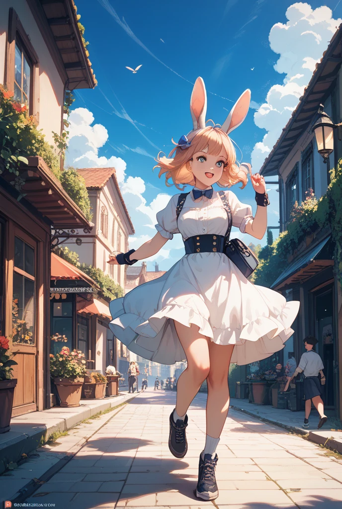 (((masterpiece))),(extremely detailed 8k wallpaper),(((best quality))),(best illumination, best shadow),(best illustration),<lora:xssw-000022:0.6>,solo,(1girl:1.2),blue_eyes,blonde_hair,long_hair,[very long hair:0.8],walking,head fins,elbow_gloves,[[:â,:0.5]::0.8],dress,bunny_costume,high heels,full_body,dynamic_angle,city,cityscape,pavement,street,avenue,lamppost,bench,flower bed,lawn,skyscraper,cloudy sky,