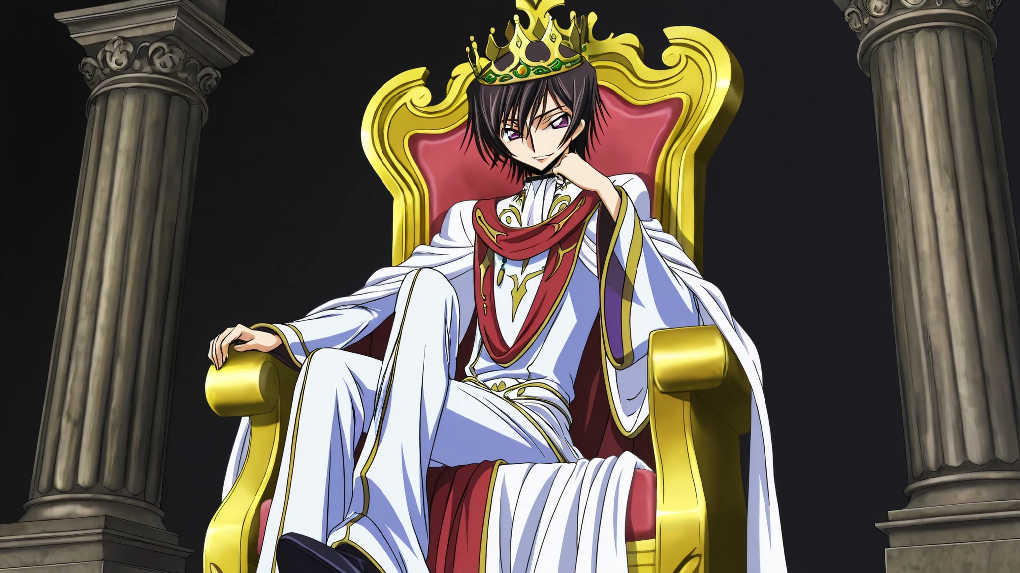 Lelouch (Code Geass), solo, short hair, black hair, purple eyes, anime style drawing, confident face, slight smirk, full, full-length, beautiful royal white outfit, a golden crown on his head, and expensive black shoes on his feet. He sits on a golden throne with a red cloth, against the background of a black hall with dark stone columns.
