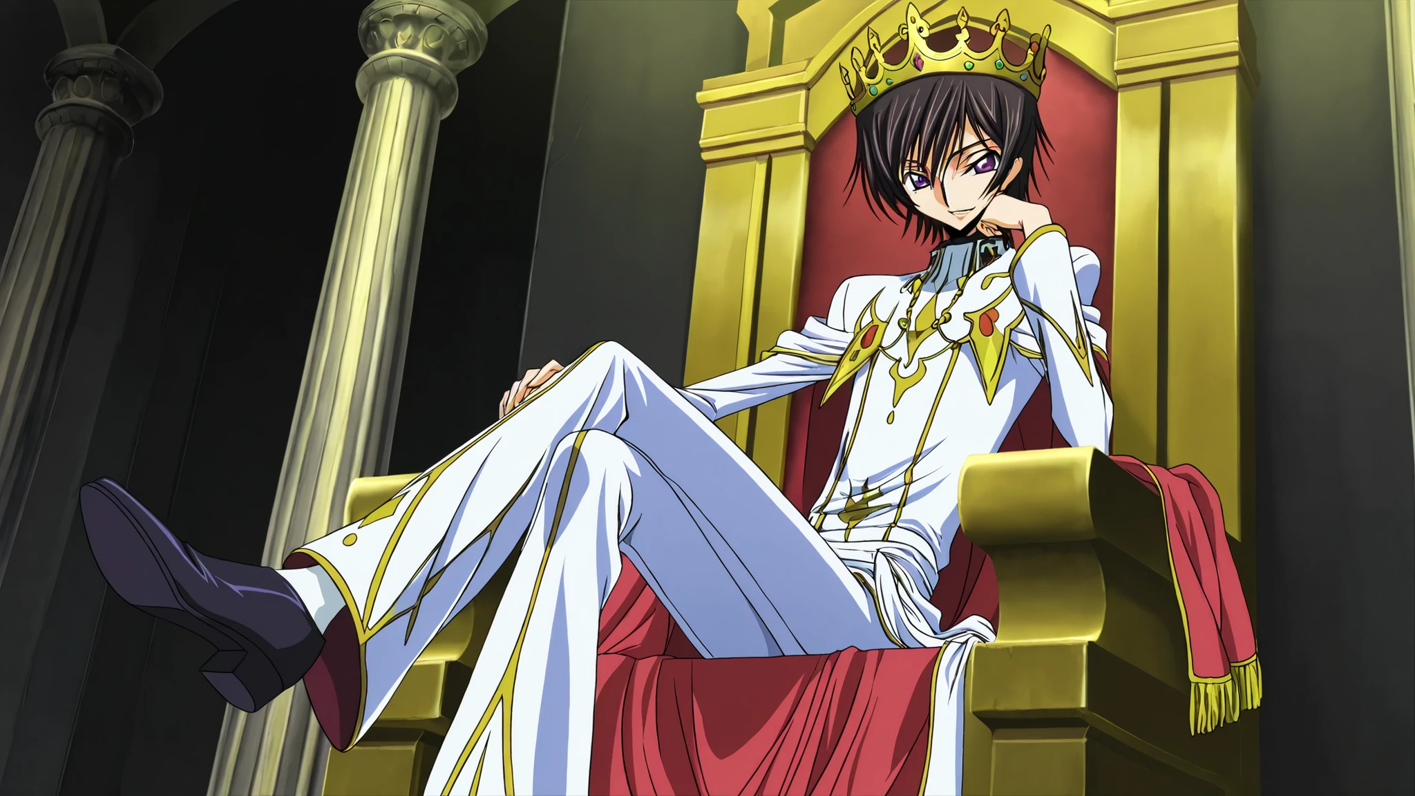Lelouch (Code Geass), solo, short hair, black hair, purple eyes, anime style drawing, confident face, slight smirk, full, full-length, beautiful royal white outfit, a golden crown on his head, and expensive black shoes on his feet. He sits on a golden throne with a red cloth, against the background of a black hall with dark stone columns.