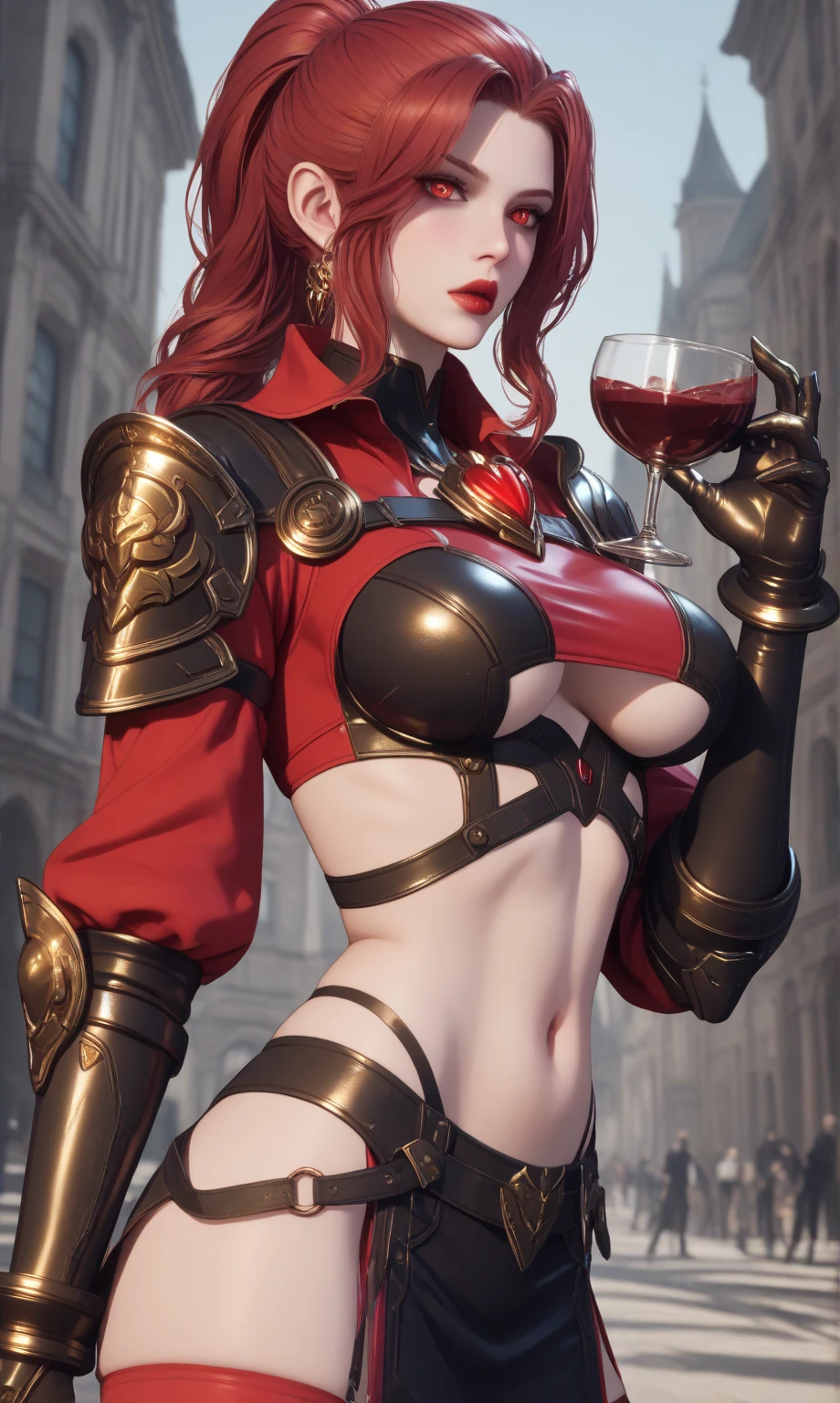 gwen tennyson,tracer,yorha 2b,rebecca chambers,atelier ryza,overwatch,1girl, close up,mecha pilot,halloween village, white and red plugsuit,hair pin,pirate corset,silver long sleeve lycra top,steel leggings,short hair,cute makeup, green eyes,orange and golden hair,shy smile,freckles,redhead,beautiful girl,large breasts,ultra detailed,realistic,fantasy art,bodycon dress,steel armor,halloween pumpkin,moonlight,holding a wine glass, silver earrings,vampire cloak,