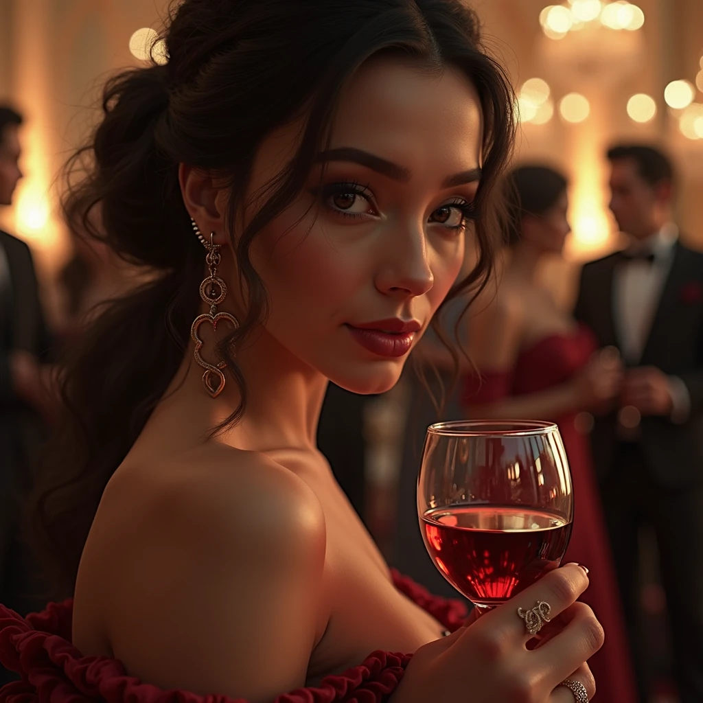 A young female vampire, beautiful, in a silver gown, holding a glass of wine in her hand. --auto --s2