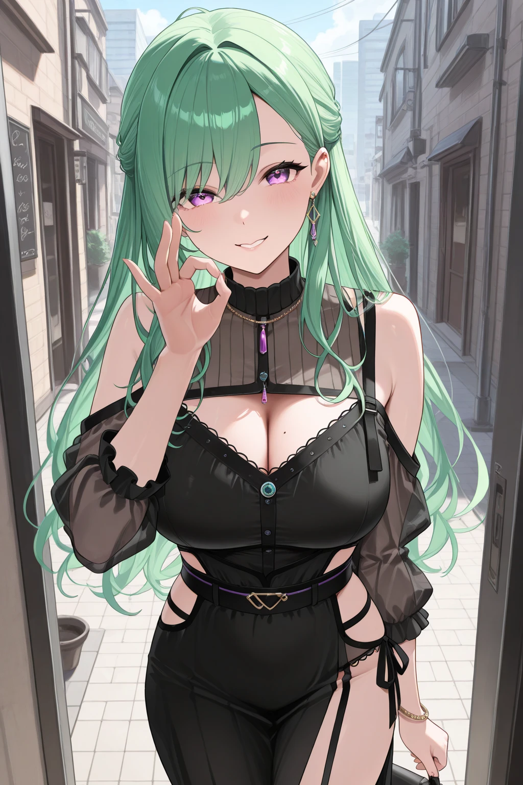 score_9, score_8_up, source_anime, smeared lipstick, black lipstick, 1girl, solo, FaunaGoth, mole under eye, antlers, long hair, hair over one eye, hairclip, heart choker, necklace, black dress, cleavage, chest strap, elbow gloves, fingerless gloves, o-ring thigh strap, heart o-ring, fishnet thighhighs, outdoors, alley, leaning against wall, <lora:ChamSmearedLipstickPonyXL:1> <lora:ChamCeresFaunaPonyXL:1>