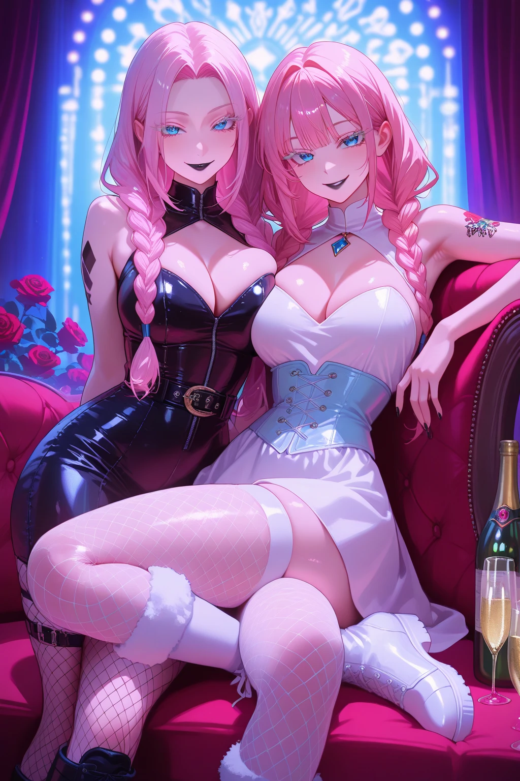 , (2girls:1.3), couple, blonde hair, pink hair, solo, long hair, one green eye, one blue eye, mascara, makeup, looking at viewer, collarbone, cleavage, detailed eyes, (close up), gleaming skin, shiny glossy skin, big round breasts, big breasts, bikini top, realistic, detailed face, amazing big eyes, eye details, big lips, eyebrow details, blush, confident, dominant, bdsm, smirk, naughty, mischevious face, HD, good quality, side by side, very close up, facing forward, top half, looking foward up at camera, zoom face close up of face 