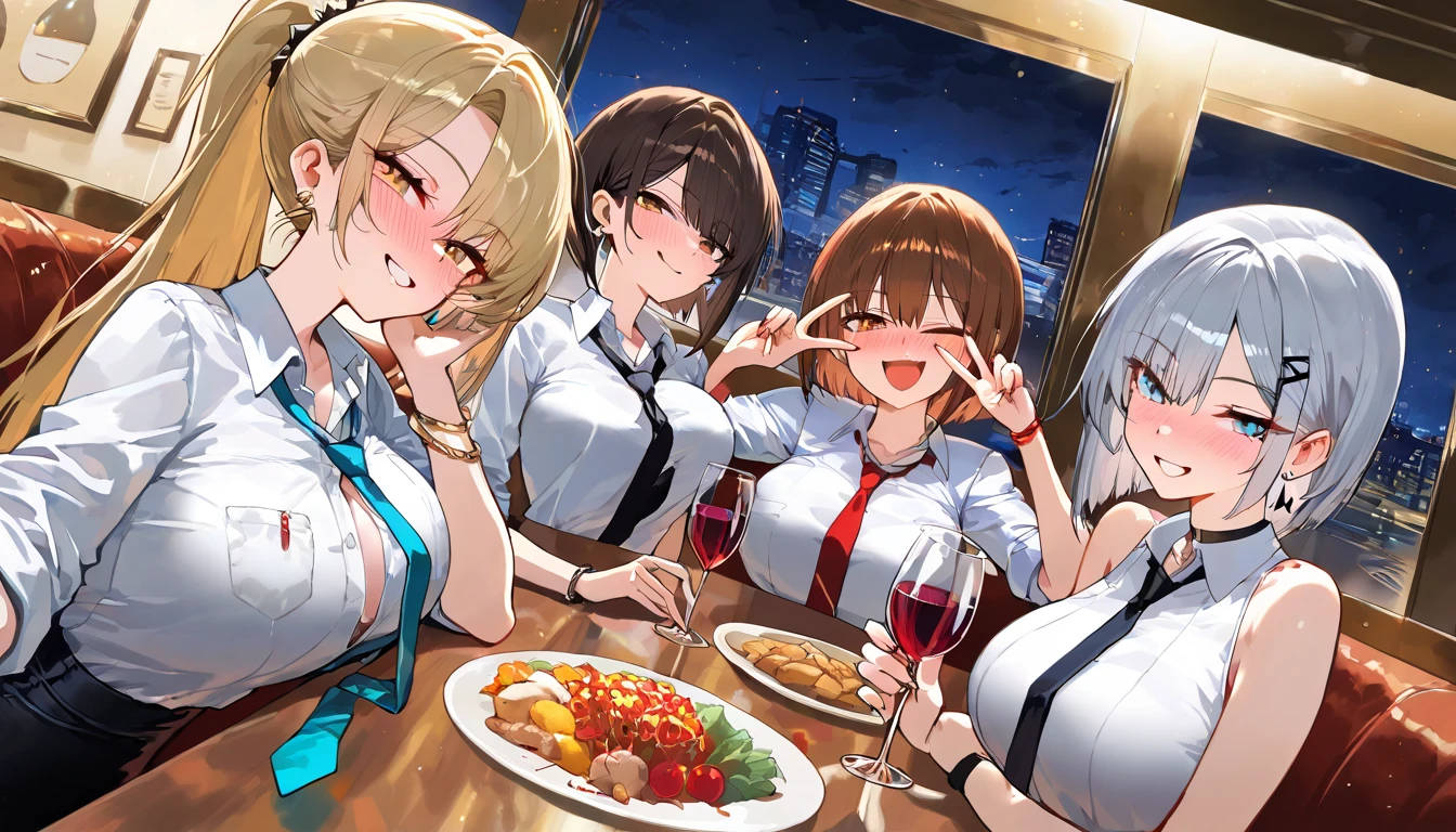 American woman grilling steak American female friends drinking wine at the counter Tight clothing