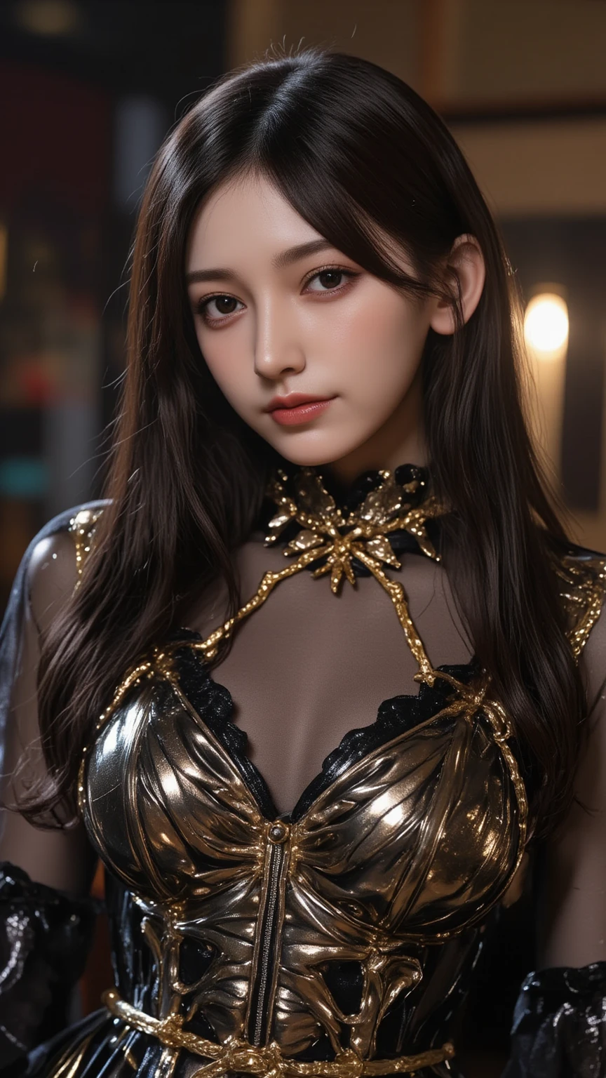 beste Quality、masterspiece、ultra-highres、(photorealestic:1.4)、Raw photo、女の子1人、Black hair、glowy skin、1 Cyberpunk Girl、((ultra realistic details))、portlate、Global Illumination、Shadow、Rendu octane、8K、ultrasharp、Giant tits、Raw skin is exposed in cleavage、metals、Details of complex ornaments、Sumerian details、high intricate details、Realistic light、CGSoation Trends、violet colored eyes、shinning eyes、Facing the camera、neon details、Mechanical limbs、blood vessels connected to tubes、Mechanical vertebrae attached to the back、mechanical cervical attaching to neck、sitting on、Wires and cables connecting to the head、Small LED lamps、Glowing tube、big breasts, perfect body,