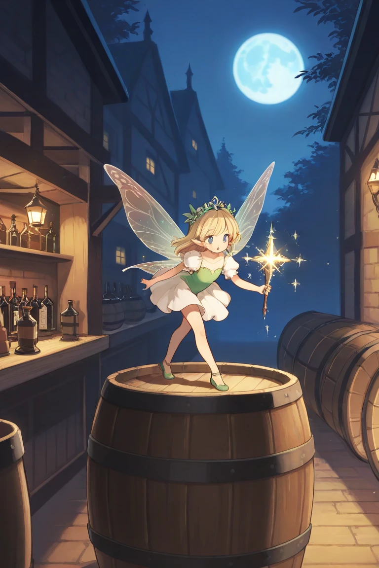 ((best quality)), ((highly detailed)), masterpiece, ((official art)), (detailed eyes, deep eyes), (1girl), full body, <lora:tinkerbell_v10:1>, tinker bell, blue eyes, blonde hair, short hair, short pony tail, fairy wings, symmetrical wings, (flying:1.2), sparkles, glitter, glowing, green fairy outfit, green slippers