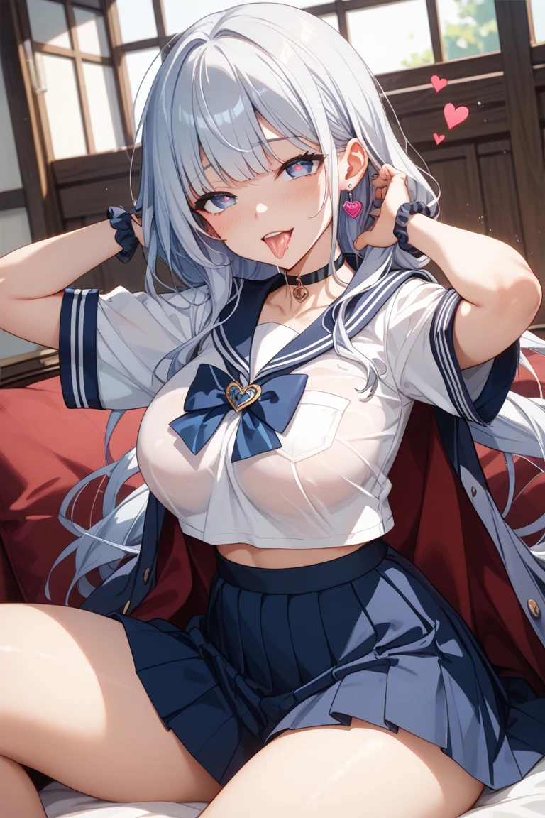 top-quality、realistic touch,high-detail、photoRealstic、thin-waist、captive beauty、big eye、solid platinum-blonde eyelashes、platinum-blonde、full body Esbian、Sparkling eyes, cheeks flushed、Kamimei、thin-waist、Voluptuous thighs、In the classroom of the school、She is in estrus、a sailor suit、cocky expression、Colossal tits、Super short skirt with V-line visible、Sleeveless、Open your legs and show your camel toe 、Fold your hands behind your head、Navel look、