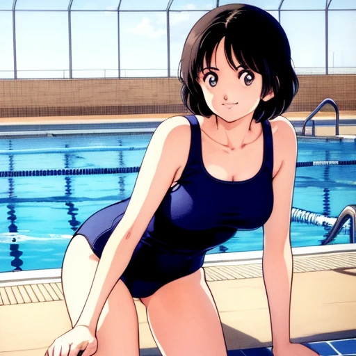 A boyish, short-haired, busty, beautiful-legged woman is standing by the pool in a competitive swimsuit.。Angle from behind。Being photographed by a middle-aged man。