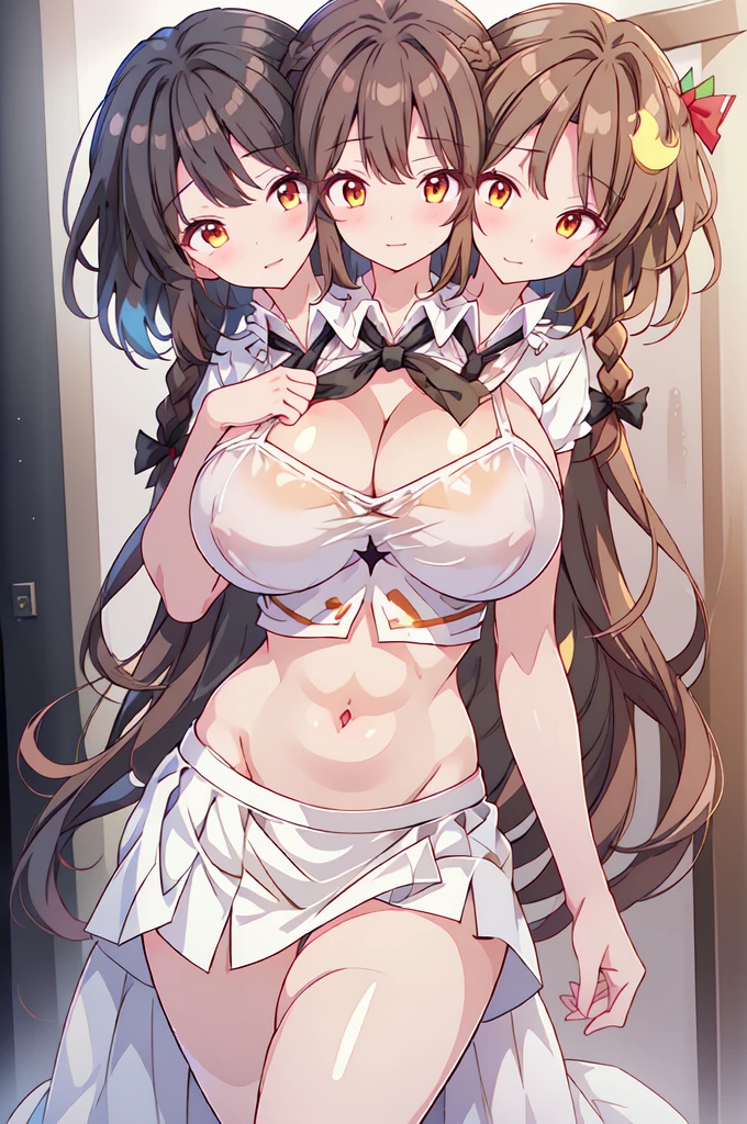 (16K), ((three headed woman)), smiling, highres, masterpiece, ((brown hair)), cleavage, large breasts, ((white dress:1.5)), lustrous and smooth skin, (mature woman), seductive silhouette, casual crop top, sexy proportions, Beautiful girl with accentuated slender abs, seductive woman, ((party background)), necklace, white miniskirt, miniskirt, open belly, exposed midriff, strapless, sleeveless, yellow eyes, beautiful eyes, ((long bushy ponytail)), ((gala)), cowboy shots, very big tits, huge tits, open belly, exposed midriff