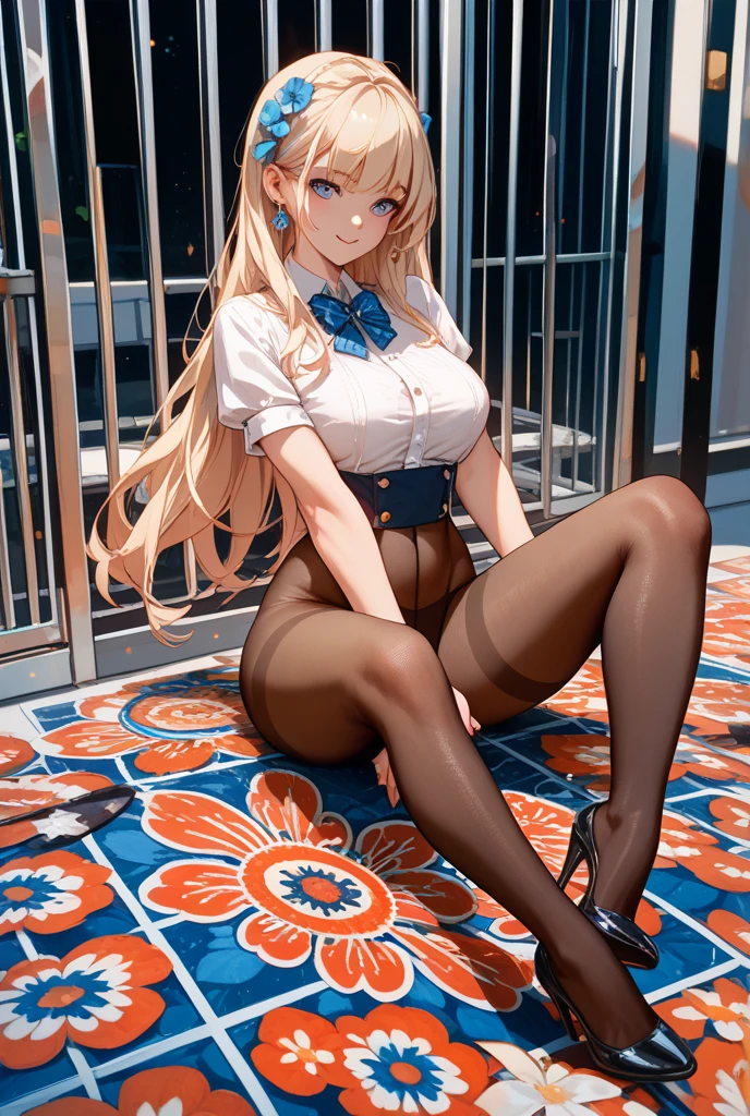 ((Masterpiece, high resolution, high orientation, HD, detailed features, detailed background, soft colors, anime art style): 1.5) A girl, long blonde hair with a ponytail hairstyle at the end of the bangs on the left has strands of hair in worms, white skin, body sexy perfect girl, blue eyes, big tits, see-through lingerie, shirt showing shoulders and bra straps, tight skirt, black stockings and high heels