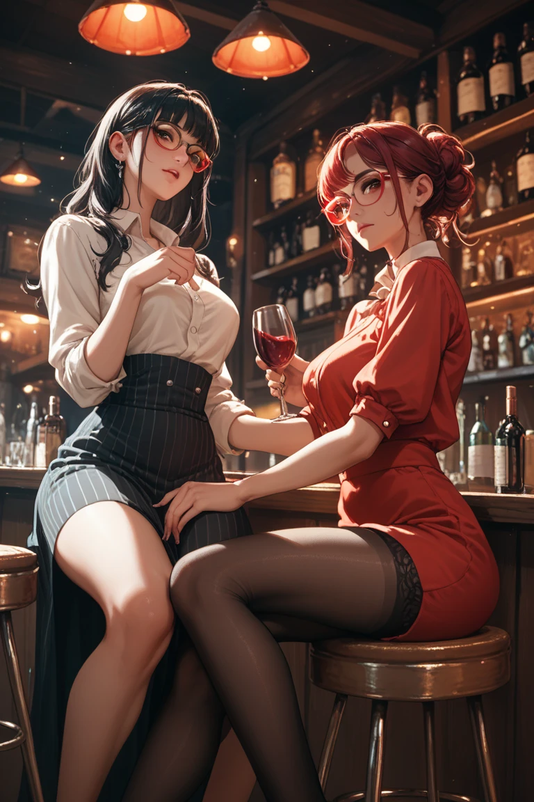 (obra de arte:1.2, melhor qualidade), 1 mulher, Sozinha, loira, olhos azuis, corpo inteiro, athletic body, peitos grandes, cintura fina, medium hips, Bold sleeveless red shirt paired with classic black leggings and red high heel shoes Confident and effortless with minimal makeup and a ponytail (Em casa na sala de estar) Rimless glasses and chunky jewelry, sentada em uma cadeira de pernas abertas