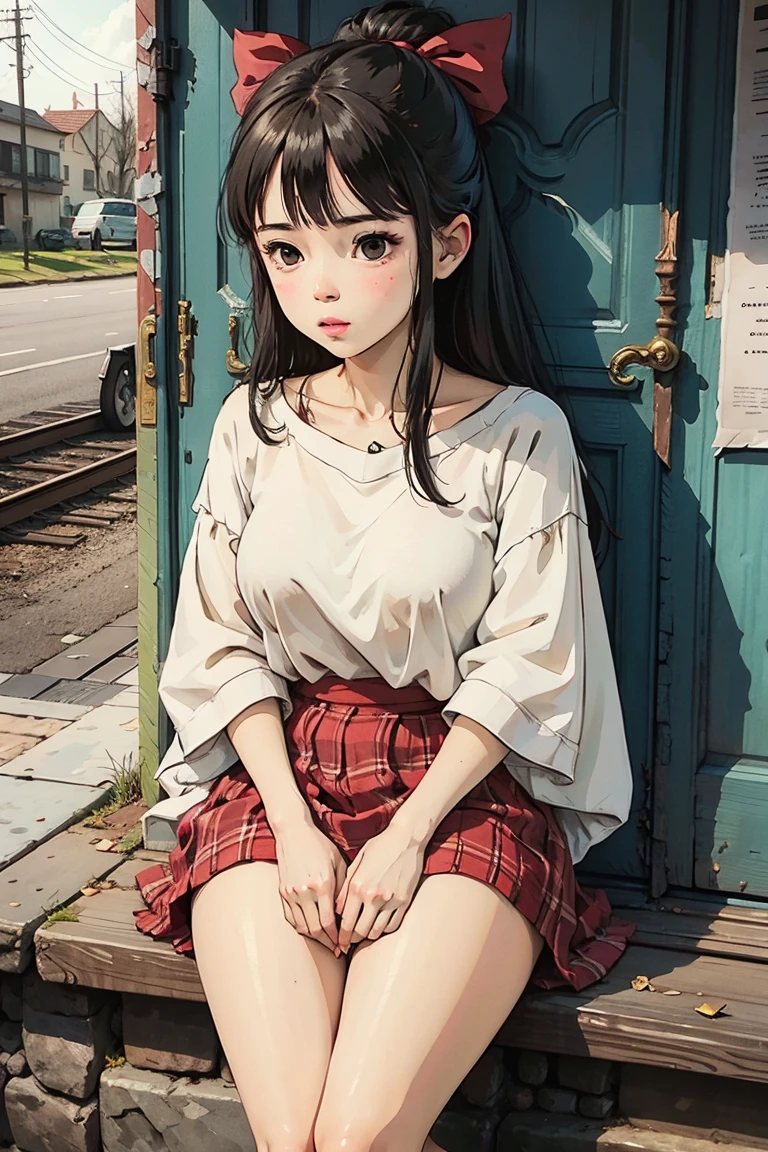 nine year old girl with straight long hair wearing white shirt and pink short skirt, and kodomo bag, kawaii girl, hyper realistic photography,