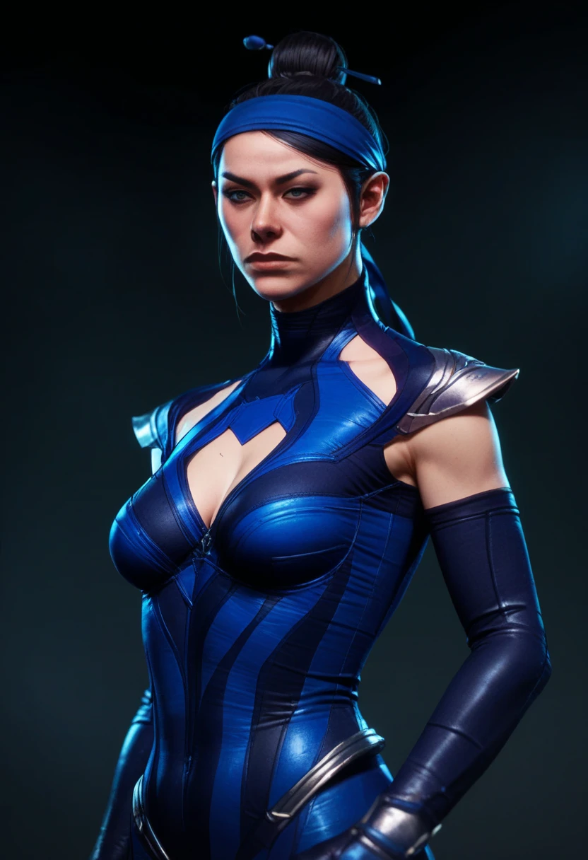 masterpiece, best quality, kitana, black hair, brown eyes, hair bun, elbow gloves, fingerless gloves, blue gloves, blue headband, blue bodysuit, solo, photorealistic lights, cinematic lighting, ultra detail texture, ultra detail hair, ultra detail face, perfect eyes, hyperrealistic paiting, fantastic realism, outdoors, night, stars, sky, <lora:Kitana:0.7>