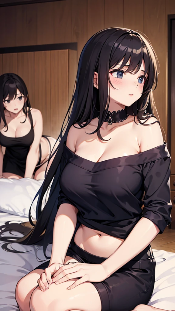 An Adult Anime Girl with Gray Hair, C-cup Breasts, and Yellow Eyes who wears a Dark Gray Metallic Suit from the Heel to the Neck with Stripes on the Sides,of the colors Red, yellow,dark green,Dark blue and black while posing in her living room