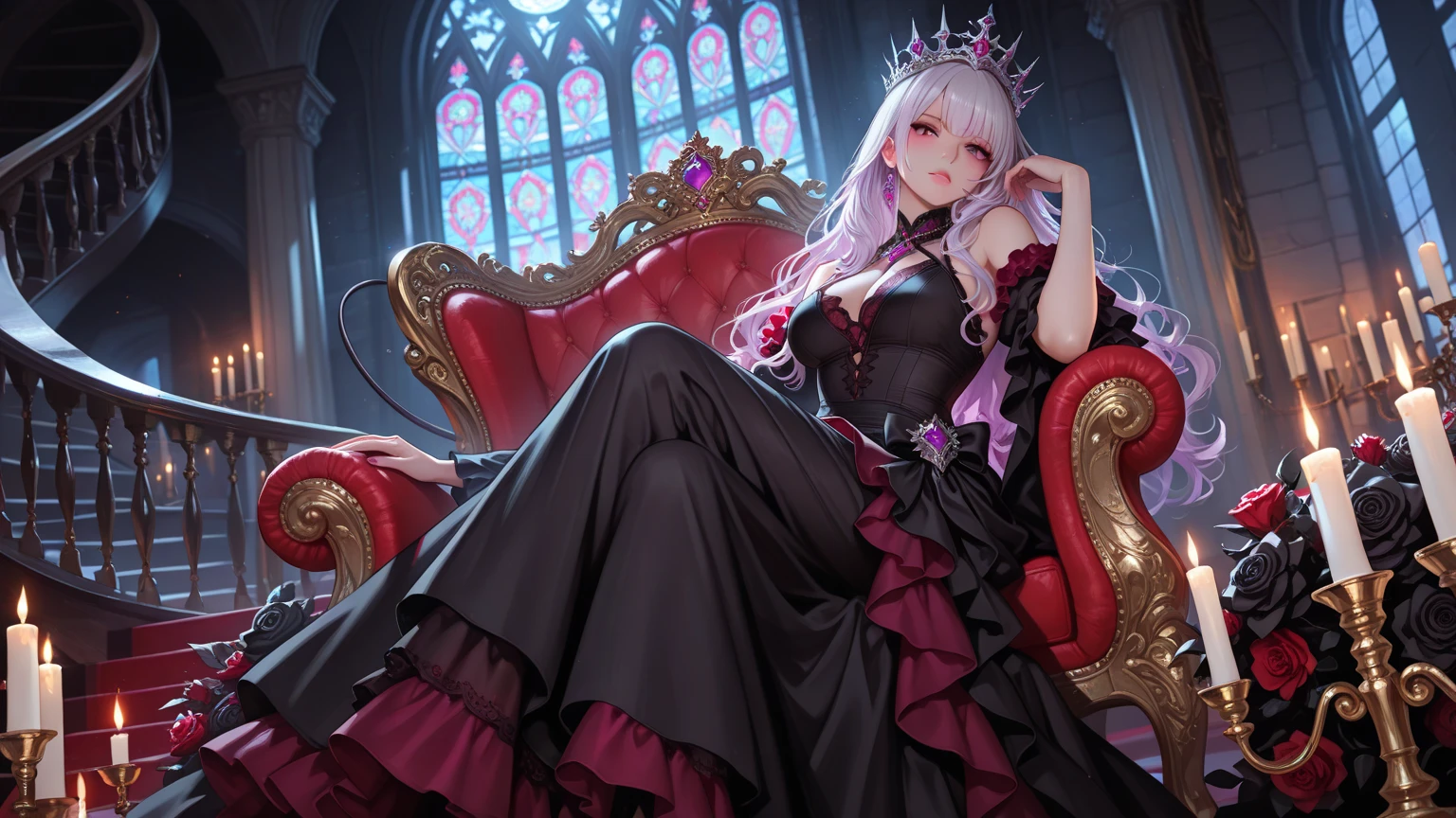 1 girl in chainsaw man style, long wavy hair, light pink hair, hair with blue tips, multicoloured, light blue eyes, black gown, (big boobies),sitting on a red throne, holding a glass of wine with a small smile,crown on head with diamonds,royal cloak 