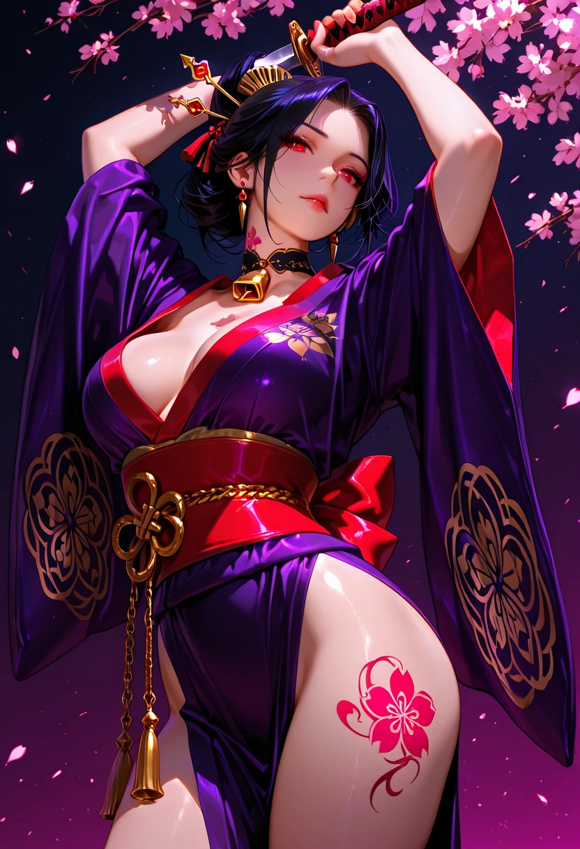 (masterpiece, top quality, best quality, official art, beautiful, cosmic, atmospheric, psychedelic, dreamlike, shinto shrine and aesthetic:1.2), (1girl, platinum purple hair, beautuful highly detailed Harajuku-inspired hooded kimono, tons of tattoos and piercings, super huge enormously gigantic nude tits and nipples exposed, cleavage showing, gigantic tits bursting out of her kimono), extreme detailed,(fractal art:1.3),colorful,highest detailed, cherry blossoms blowing in the wind, swirling psychedelic cosmic dreamlike graffiti patterns 