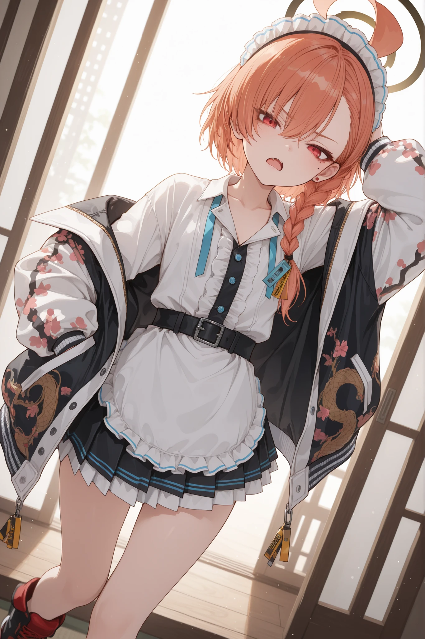 masterpiece,perfect ,high resolution, ultra-detailed,beautiful detailed eyes,dutch angle,absurdres,1girl, halo, mole under eye, red eyes, orange hair, single braid, ahoge, short hair, huge ahoge, asymmetrical bangs,
headdress, jacket,(sukajan, print jacket),long sleeves, floral print, off shoulder, open jacket, collared shirt, center frills, belt, white apron, black skirt, pleated skirt, red footwear, chains,looking at viewer,hand on own head,half closed eyes,(frown, open mouth),
