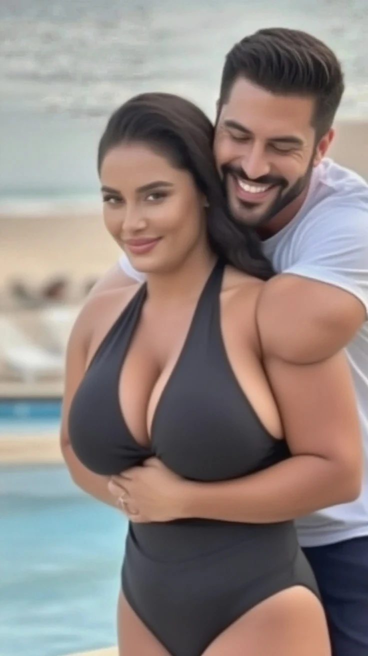 HD wallpaper 32k cinematic shoot of a Beautiful cute gangster latina girl, with thick thighs and a curvy slim waist, twin braids,  wearing a bikini, horny, seductively, smiling, ((lowwaist)), ((tattoos on her body)), ((open neckline)), ((boobs)), (((standing beside a man))), (((standing beside a man)))