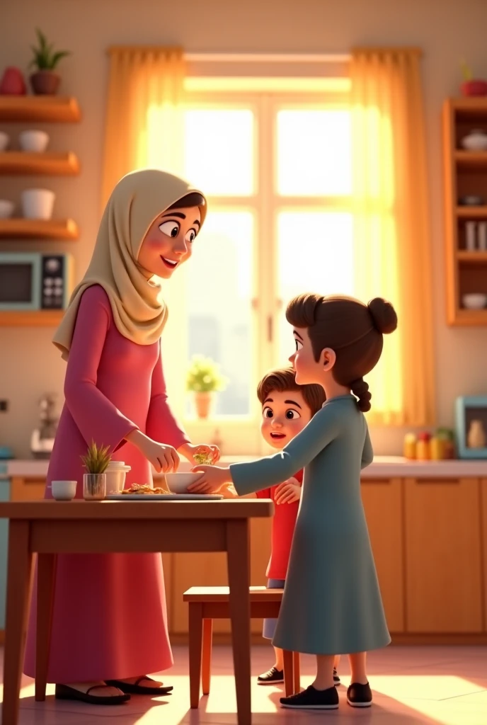 masterpiece, best quality,pixar: malay family, father,watching movies ,smiling, wearing home hijab and baju kurung,covered head, ,a moment of pure relaxation,swirly vibrant colors,soft, natural lighting,smooth bokeh effect,oil painting style,Romantic Inspiration,exceptional clarity and sharpness PIXAR style

