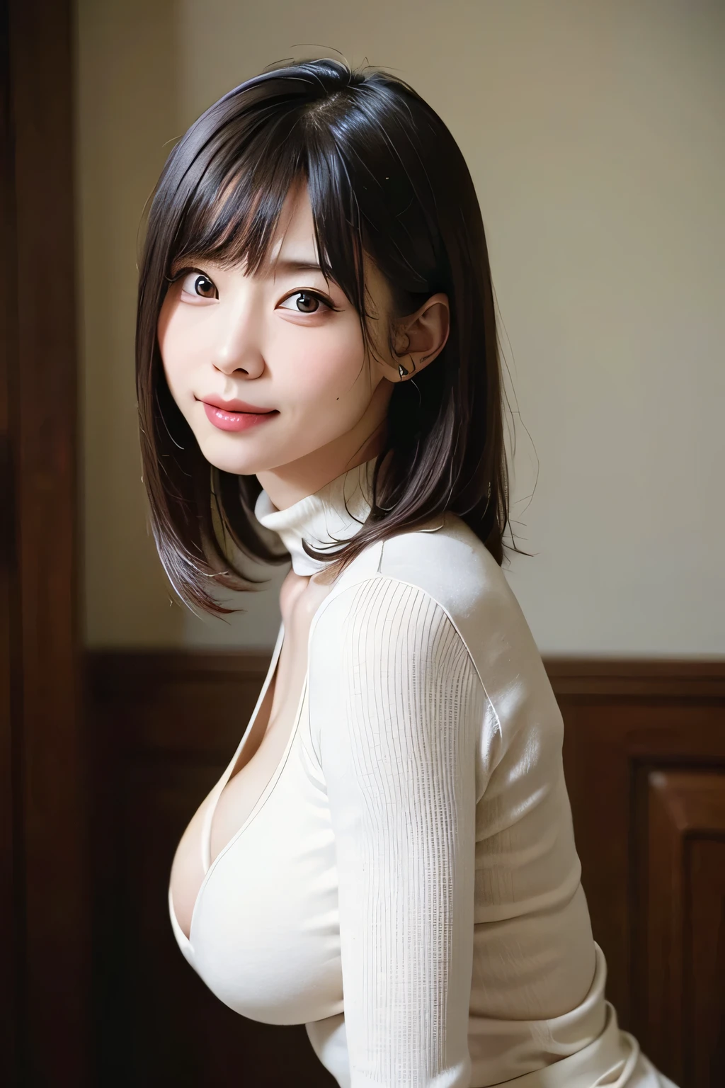 (masutepiece, top-quality、Very attractive adult beauty、Add intense highlights to the eyes、Look firmly at the camera:1.4、Beautiful woman full of adult charm、Ideal ratio body proportions、Perfect Anatomy、Brunette Short Bob Hair、Lustrous hair、lipgloss),1girl in, 独奏, Light brown shiny hair, muffler,realisitic, looking at the viewers、Tilt your head slightly, Bright colored crystal light blue eyes, short shiny hair、 White turtleneck outfit with a hole in the center of the chest,Sexy white turtleneck knit sweater with a round hole in the middle of the chest、 s lips, lipgloss,bangss, The upper part of the body、big eye、Lashes、The face is a little red、Embarrassing)、((Road system in Italy in winter))、((Shorthair with bangs、big eye、Put very strong highlights in your students、{Gigantic|Big|Huge|Mega} breasts:1.4、very Bigger breasts、gazing at viewer、Very beautiful beauty、Put your ears out、long neck、little smiling、Beautiful teeth、Open your mouth and smile、Heart-shaped pupil))、28 year old、Very cute supermodel、