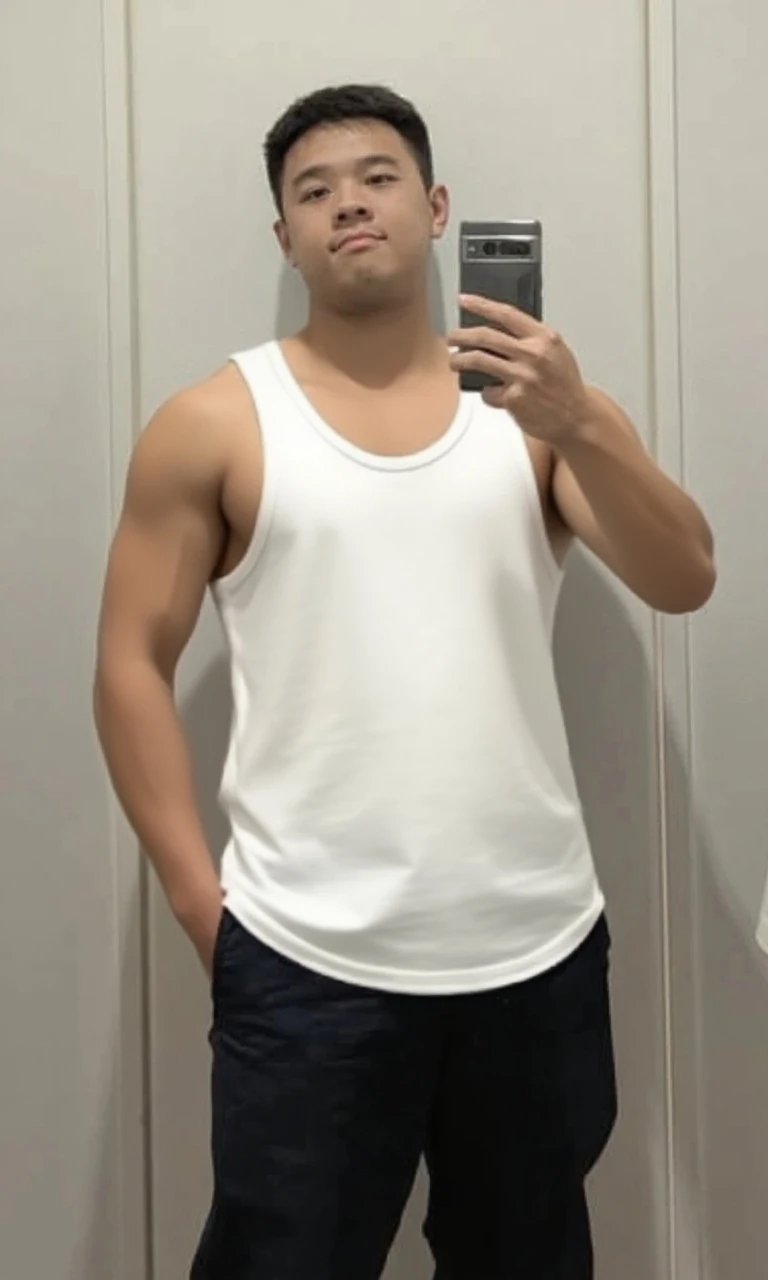 sexy man, 30yo, black short beard, with a white tank top, sporty. Blue eyes, smiling, full body.