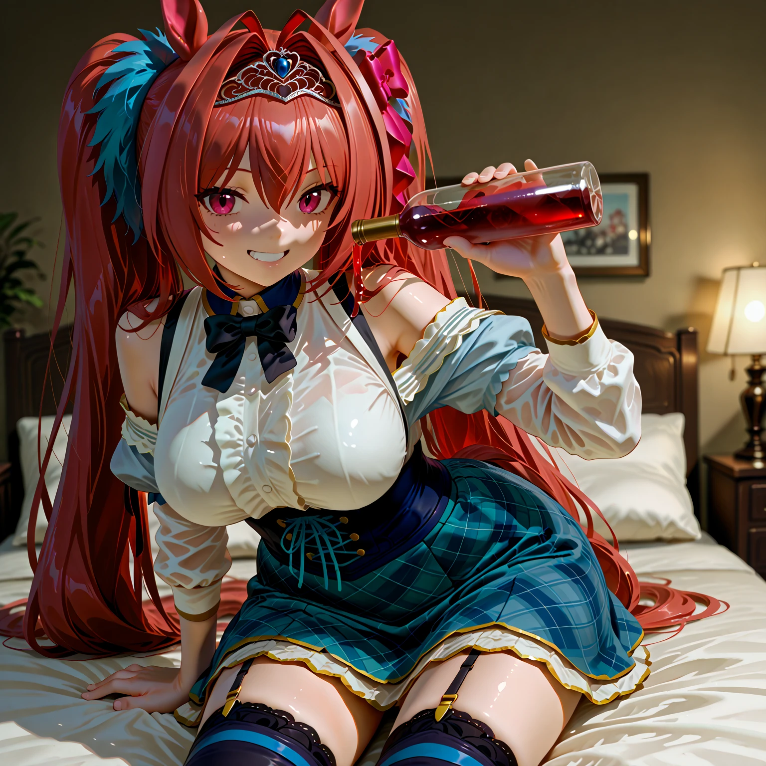 best quality, masterpiece, extremely detailed CG, official art , professional lighting, sakimiyairuka, (one side up), green scrunchie, hair ornament, red hair, green eyes, perfect face, shiny skin, smile,(playboy bunny, black pantyhose, bowtie, wrist cuffs, rabbit ears), casino,