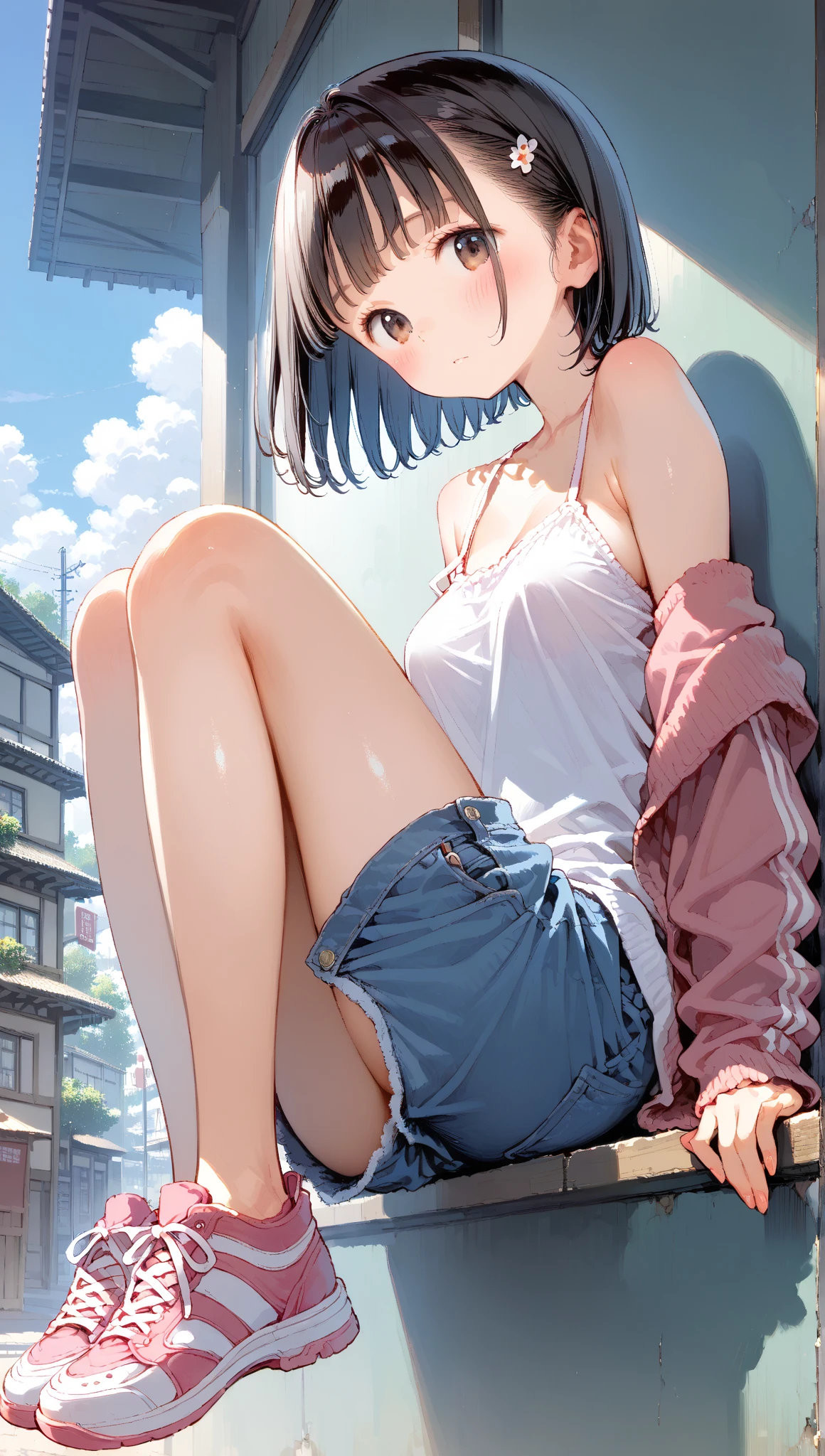(In the living room)、1girl, (Younger sister kicking)、from the front、Angle from below、(Young face)、おでこ、編み込み、((seductive grin)), ((high kicking)),
panties, 手にお札を握っています、Camisole、Jersey shorts、(1boy), (((penis))), (((eject cum))), The boy collapses under his younger sister and ejaculates from his penis、(The boy had a fight with the younger sister and lost to her.)、younger sister「Weak... Aniki who lost to younger sister and got a hard dick lol... Pervert masochist lol」