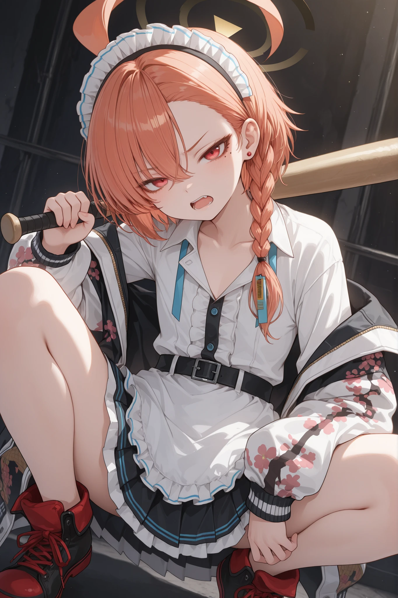 masterpiece,perfect ,high resolution, ultra-detailed,beautiful detailed eyes,dutch angle,absurdres,1girl, halo, mole under eye, red eyes, orange hair, single braid, ahoge, short hair, huge ahoge, asymmetrical bangs,
headdress, jacket,(sukajan, print jacket),long sleeves, floral print, off shoulder, open jacket, collared shirt, center frills, belt, white apron, black skirt, pleated skirt, red footwear, chains,looking at viewer,half closed eyes,(frown,open mouth),squatting,open legs,(holding baseball bat),