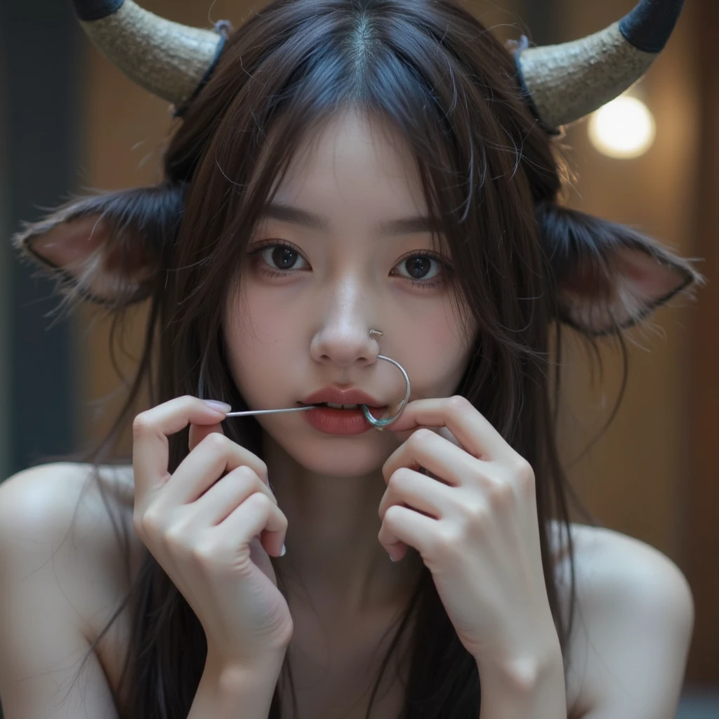 Photo Quality, Korean woman, alone, huge breasts, Magic, realistic skin, realistic face, Wild, calf, cradle, Crouching, open your legs, And the areola is clearly visible: 1.3), Short caramel-colored hair , excited, rage, ???????, (looking down), looking at camera, Ceiling, from below, no bra, No panties, nude, (NSFW:1.5), bunny girl, cosplay, bedroom, Beautiful 18-year-old girl