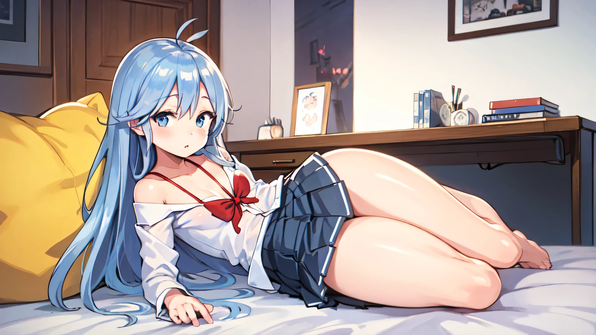 masterpiece, Highest Quality,Full body girl, (kbxll:0.6), touwa erio, blue hair, White School Uniform, Bedroom, when the collar line is, Star, open shirt, chubby in my house, simple background,thick thighs,Mikazuki,star