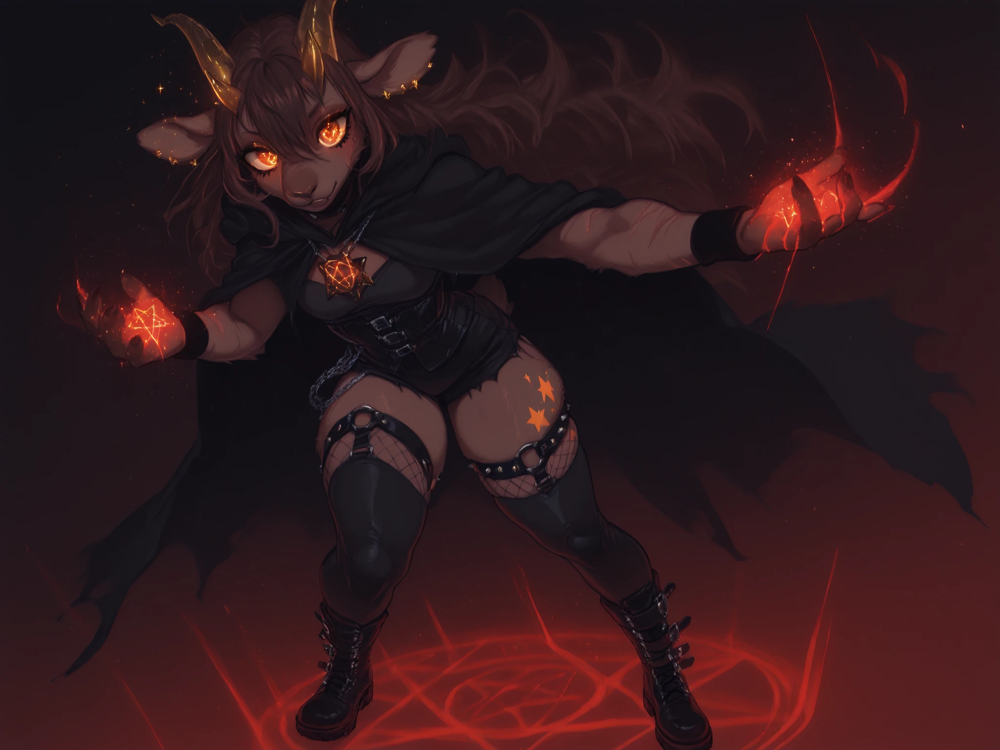 thick, glowing colors, full body, red luminescent glowing colors, dark background, furry, fur on body, eye_focus, cloak , really thick thighs, medium chest , scars on forearms, star tattoos, furry, ExpressAmetur, dark-skinned female character; very long messy dark brown hair; small golden horns; goat-like ears; black thigh-high stockings; black wristband with spikes; red background; black stars and sparkles; cartoon style; soft shading; gothic aesthetic; punk rock vibe; fantasy demon girl, , Pentagram necklace, piercings goth, thick eyeliner, gothic clothing, corset, long leather boots, 