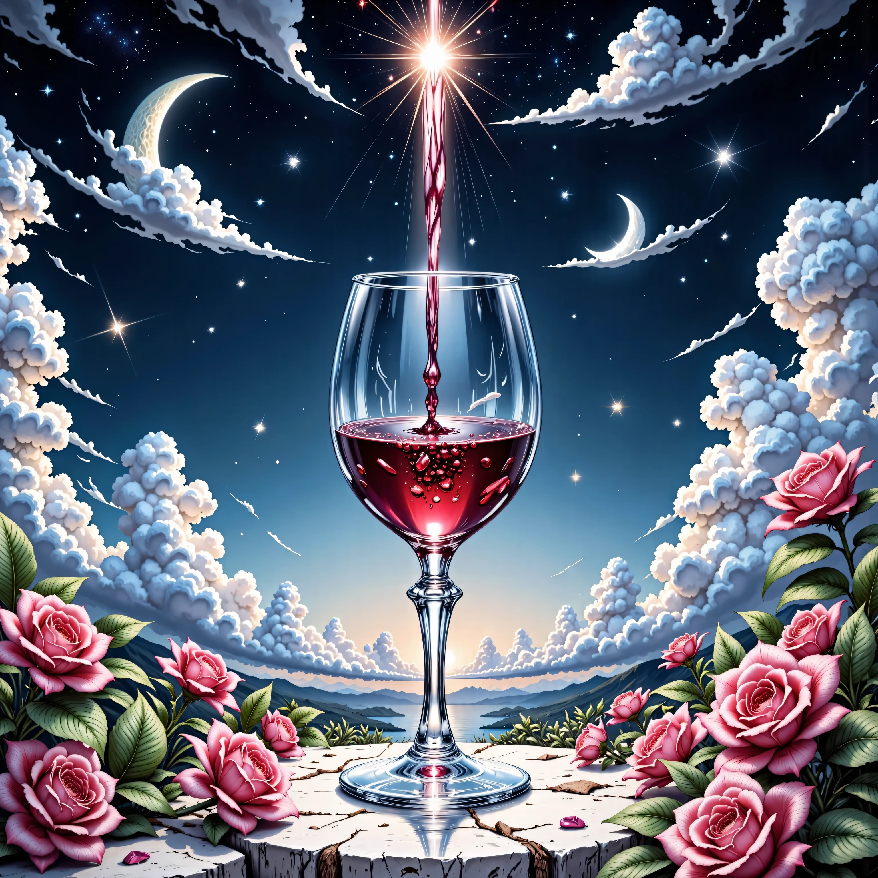 zavy-ctcmcs,w1n,hyp3rd3tail style, a watercolor art of a glass of red wine in glass goblet, under the night sky, crescent moon, starry night, some clouds, moon rays, 