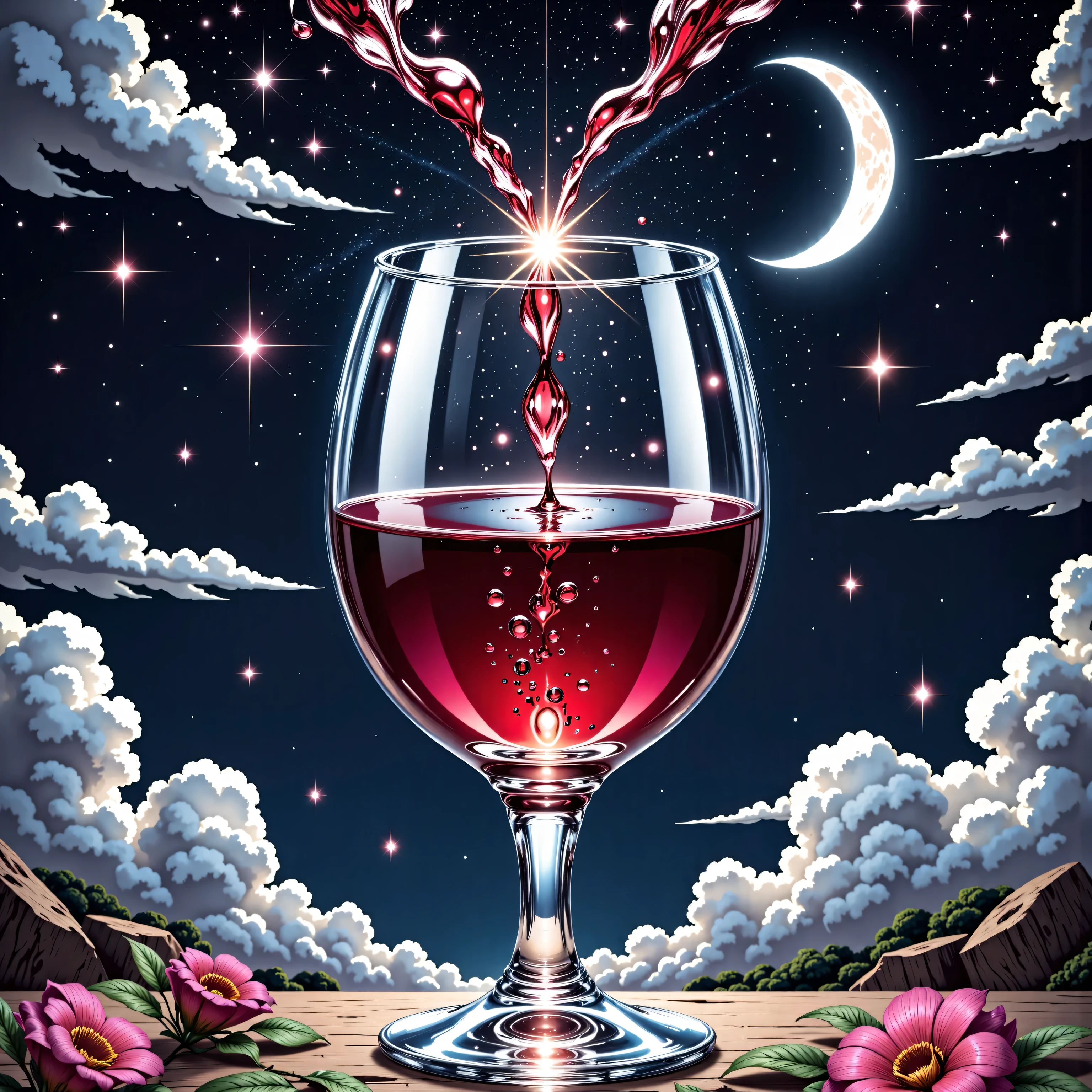 zavy-ctcmcs,w1n,hyp3rd3tail style, a watercolor art of a glass of red wine in glass goblet, under the night sky, crescent moon, starry night, some clouds, moon rays, 