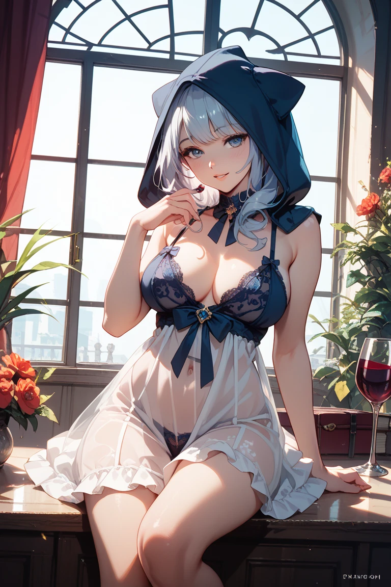 (Masterpiece), (Best Quality Anime Illustration), (Super Definition), One Girl, Solo, Beautiful Girl with Silver Hair, Anime Loli, Cat Ear Loli, Naked Apron, Heart-shaped hole on chest, Cleavage, Wet and see-through, Cottage with mountain and lake view