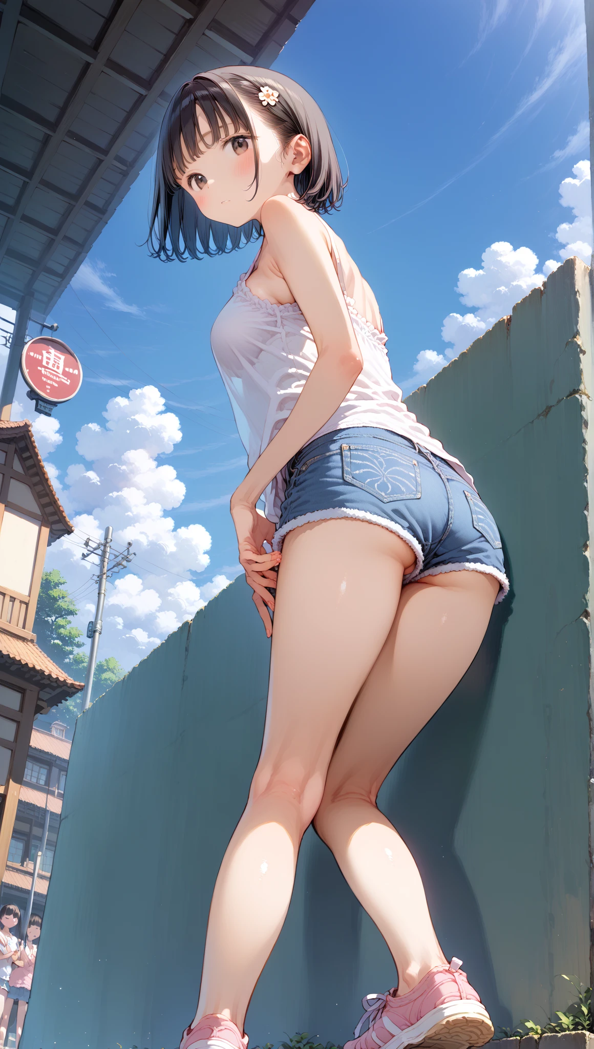 NSFW、{{{masuter piece}}}, {{{Best Quality}}}, {{Super distinct}, {{extremely delicate and beautiful}},(nffsw), (Best Quality, 32K, masutepiece, nffsw:1.2),elementary student、a photo of a cute girl,10 years old female child、Japanese houses、Ancient Minjia、Girl relaxing on the porch、Relaxing、{{{Denim skirt}}}、{{Denim Mini Skirt}}、{{Mini tight skirt}}、{{white tank-top}}、{{No sleep}}、{{White tank top}}、{white panties}、{{{Open legs}}}、Look away、Not looking at the camera、 of the highest quality, Best Quality, Realistic, Unity, 32k wallpapers, Official art、(Childlike body)、(Children's body shape)、{{white tank-top:1.5}}、White panties、{Nip slip}、{Cute mini skirt}、{{skirt rift}}、{{{Clothes are peeling off}}}、{Show}、(mischievous grin:1.3),(Sweaty skin:1.5),(Juvenile body),(Unripe々Shishi Body)、Black hair、(Very short hair:1.3)、(Full body:1.2),{Sexy body}、{Bare legged}、Erotic body、{Very realistic body}、(Mid summer:1.5)、(Angle from below:1.5)、(Spread legs)、(clean legs),childishマンコ、The shape of the pubic area is clear、rather small breasts、flat breast、{{See-through tank top}}、{{Thin fabric tank top}},{Panties see-through}、{{{The pubic area is visible}}}、{{Pubic area exposed}}、{Tank top with visible nipples}、{{downbrouse}}、{Papillae visible through clothes},{Pink papillae}、pointed papillae 、{{pointed Nipple}}、オマンコthe shape of the is clear、{{Lively shots}},{{{{Focus on panties}}}}、{{{life-likeオマンコThe shape of the}}}、{{{Crispオマンコ}}}、{{{life-likeアナル}}}、{{{very crispアナル}}}、{{{Openオマンコ}}}、{{{Moisturizedオマンコ}}}