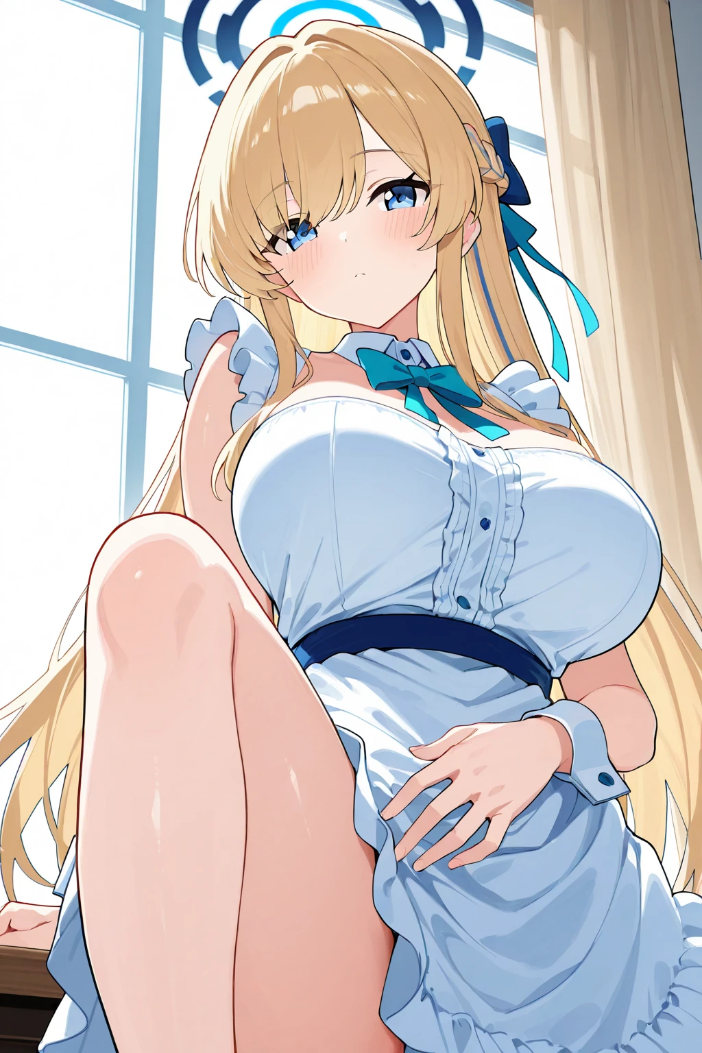 ((Highest quality、High resolution))、Beautiful woman、Perfect body、Beautiful and bountiful breasts、long blond、bangs、Blue and white ribbon、embellished sexy dress、skirt、Sexually excited expression、Legs wide open、I'm inviting you to have sex、((Seduce by showing your nipples))